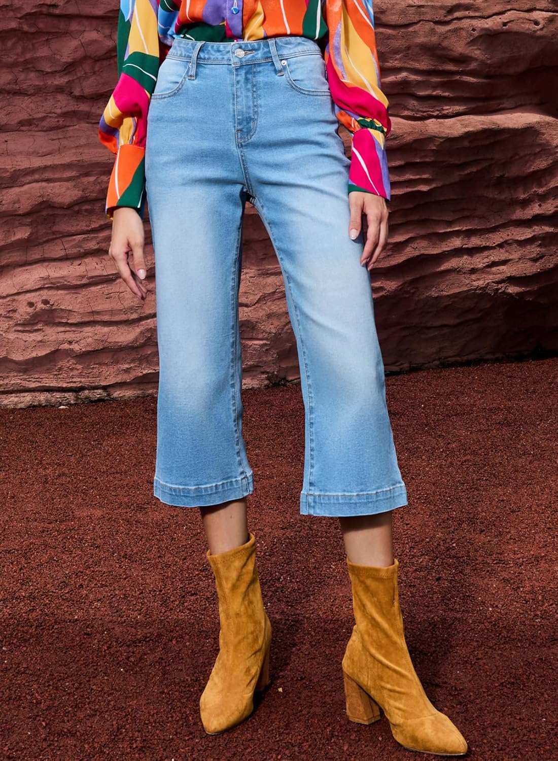 Sidefeel Women's Wide Leg Jeans High Waisted Stretchy Capri Pants - Image 5