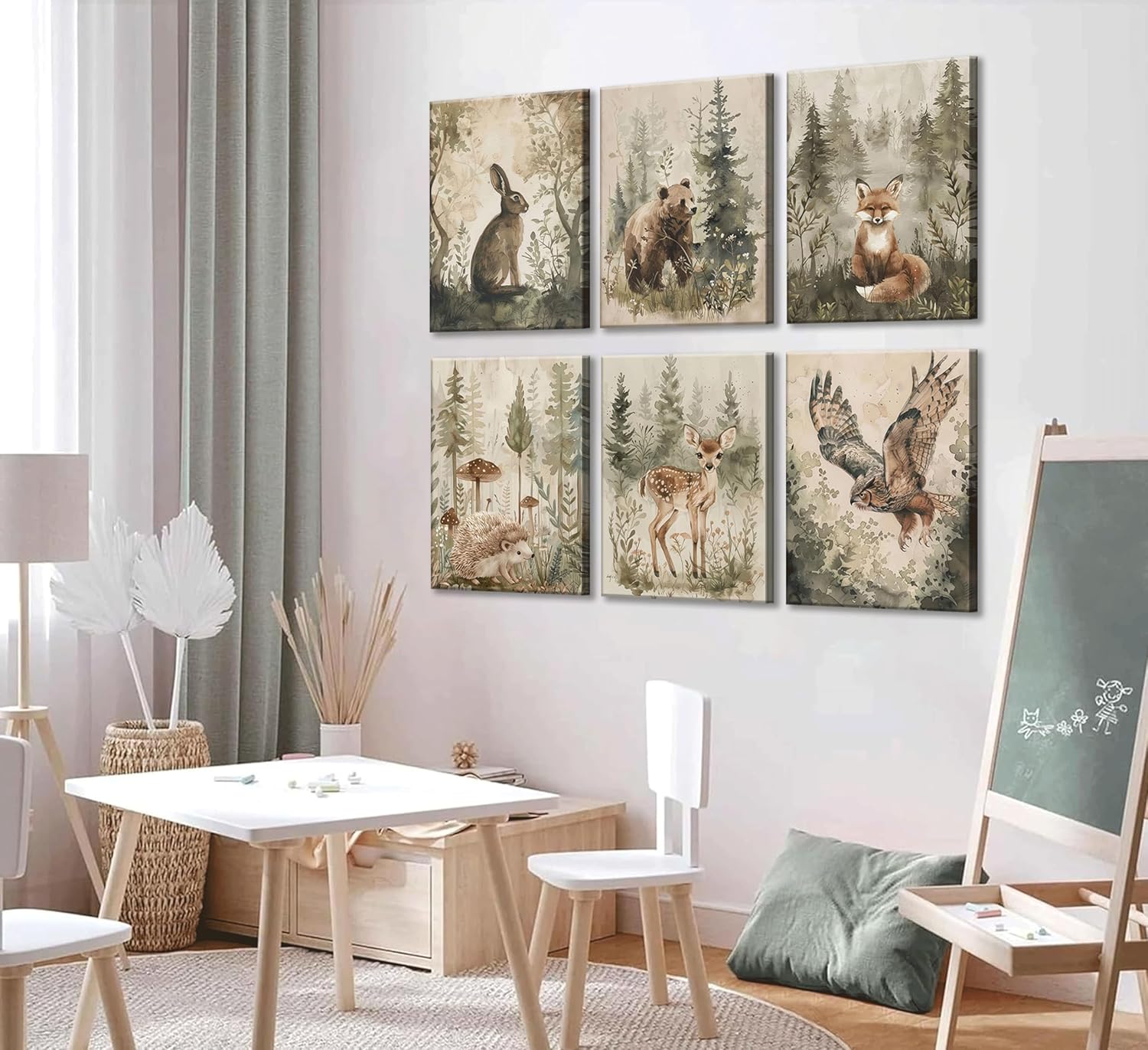 6 Pcs Woodland Nursery Canvas Wall Art Neutral Vintage Cottagecore Forest Safari Animals Natural Landscape Watercolor Painting Picture Wall Decor Poster Print Artwork for Baby Kids Room Decoration