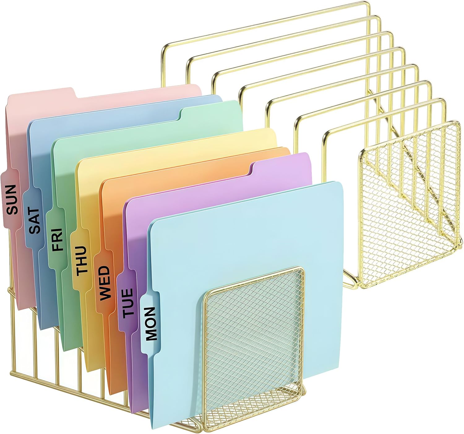 Simmer Stone 2 pcs Incline File Sorter, 7 Slot Magazine Holder for Letter, Document, Folder and Book, Metal Desktop Organizer Rack for Home, School and Office (2-gold)
