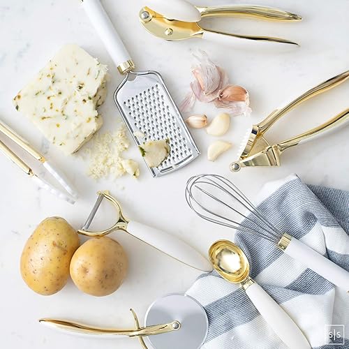 Miniatura 8 de Juego de 23 utensilios de cocina blancos y dorados con tazas medidoras y cucharas - Accesorios de cocina de lujo con herramientas de medición y