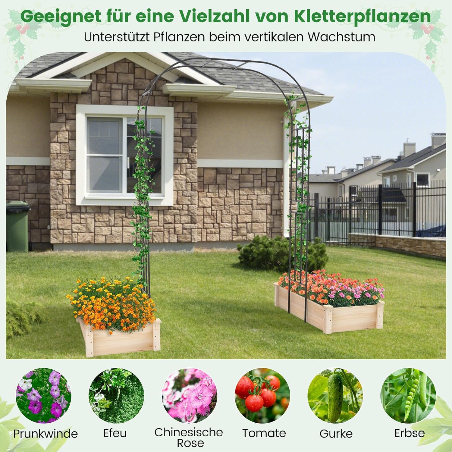 FANTASK Arche de Jardin en métal pour Plantes grimpantes, Roses et Fleurs, Arche de Jardin Treillis, Noir