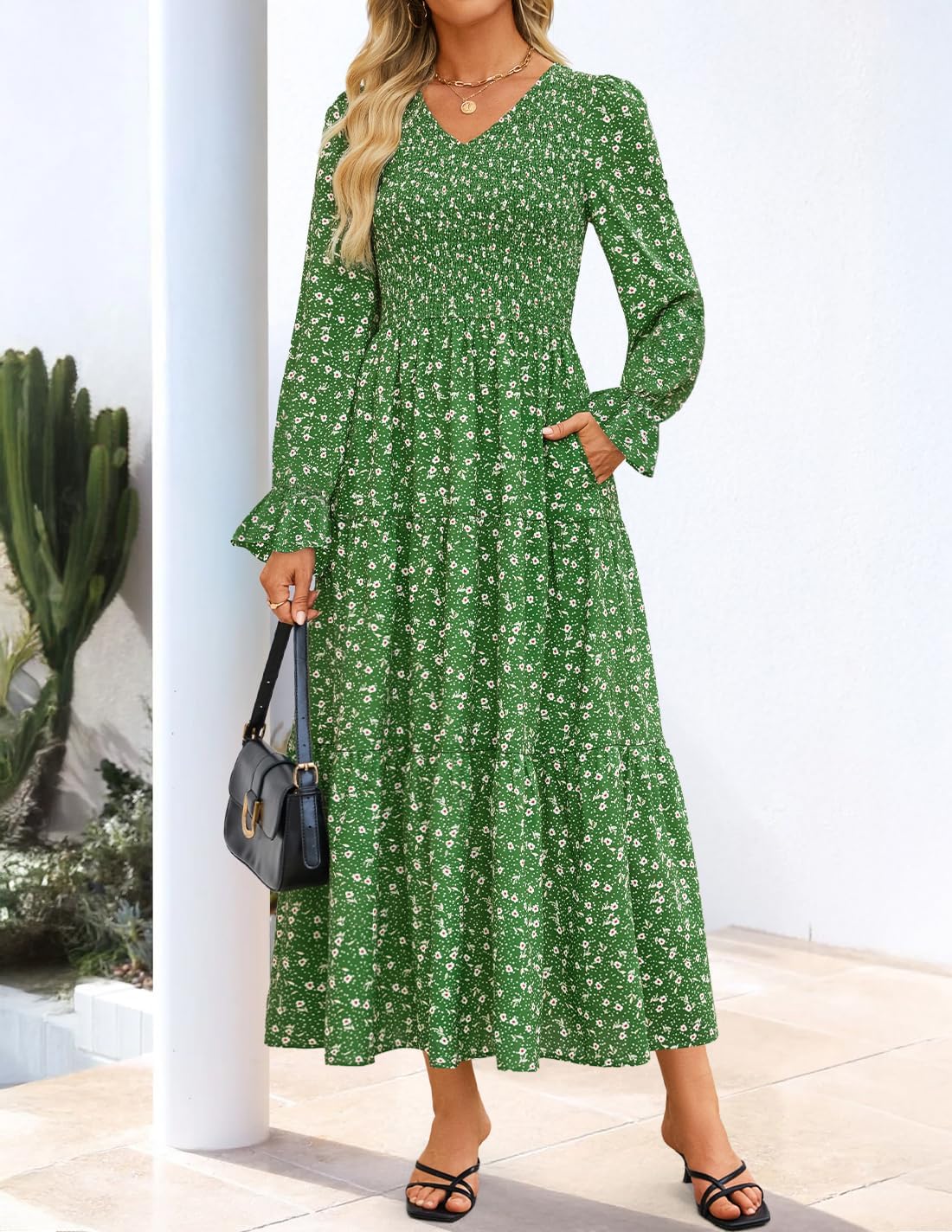 ZESICA Womens Floral Boho Maxi Dress 2026 Spring Summer Casual Long Sleeve V Neck A Line Flowy Wedding Guest Dresses - Image 2