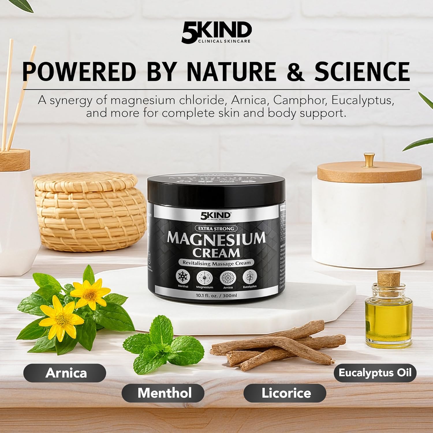 5Kind Extra Strong Magnesium Cream 10.1 fl oz - Neuropathy Nerve Relief Cream - Lotion for Restless Legs - Magnesium Rub Infused with Arnica, Eucalyptus, Comfrey, Menthol & Hemp Oil
