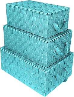 Sorbus Set of 3 Hand-Woven Storage Baskets with Lids (Aqua) – Mesh Bins ...