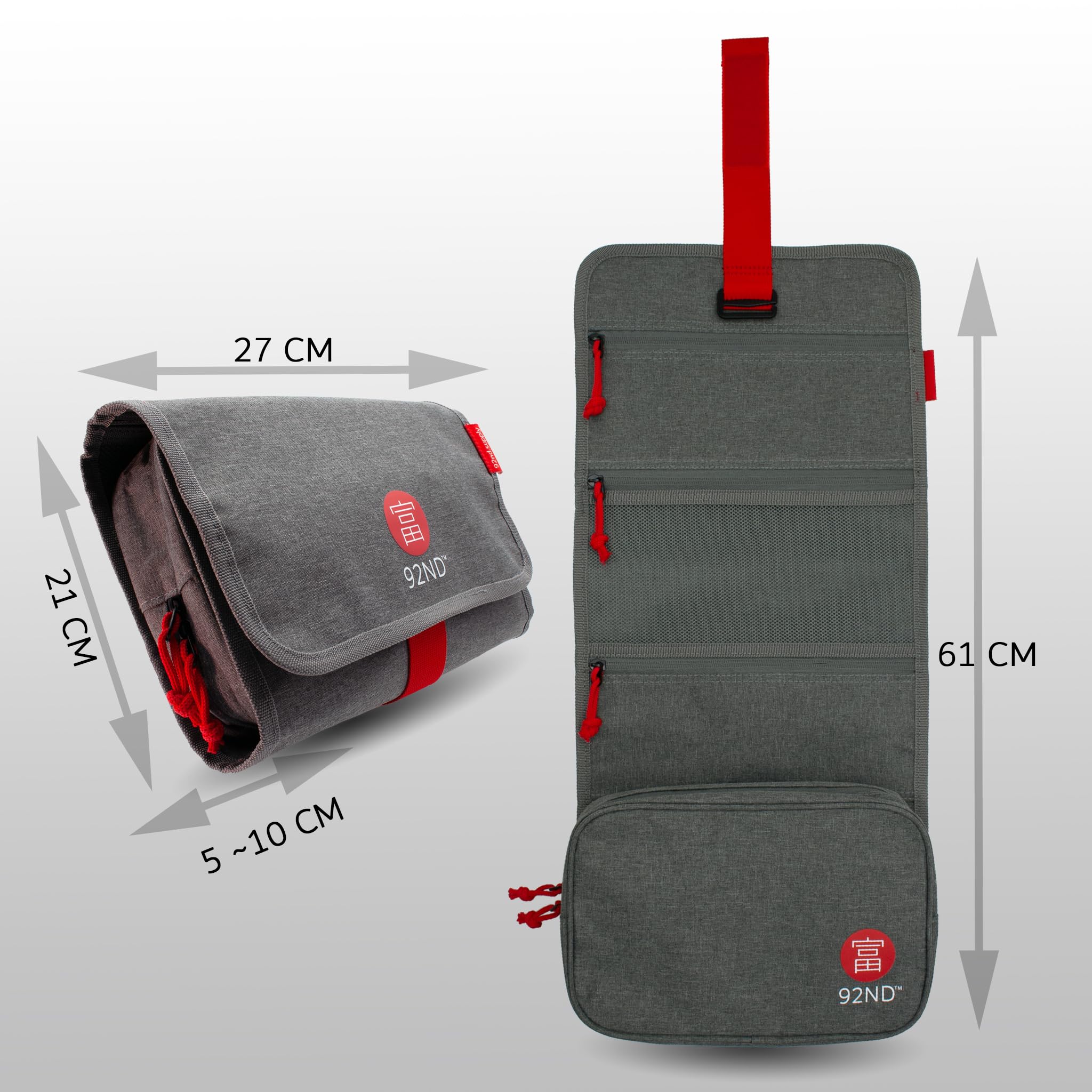92ND.Supply, Neceser para hombre, neceser para hombre, colgar todos los compartimentos con cremallera, mucho espacio de almacenamiento mediante correas ajustables, cierre de . (gris), gris, 61 x 27 cm