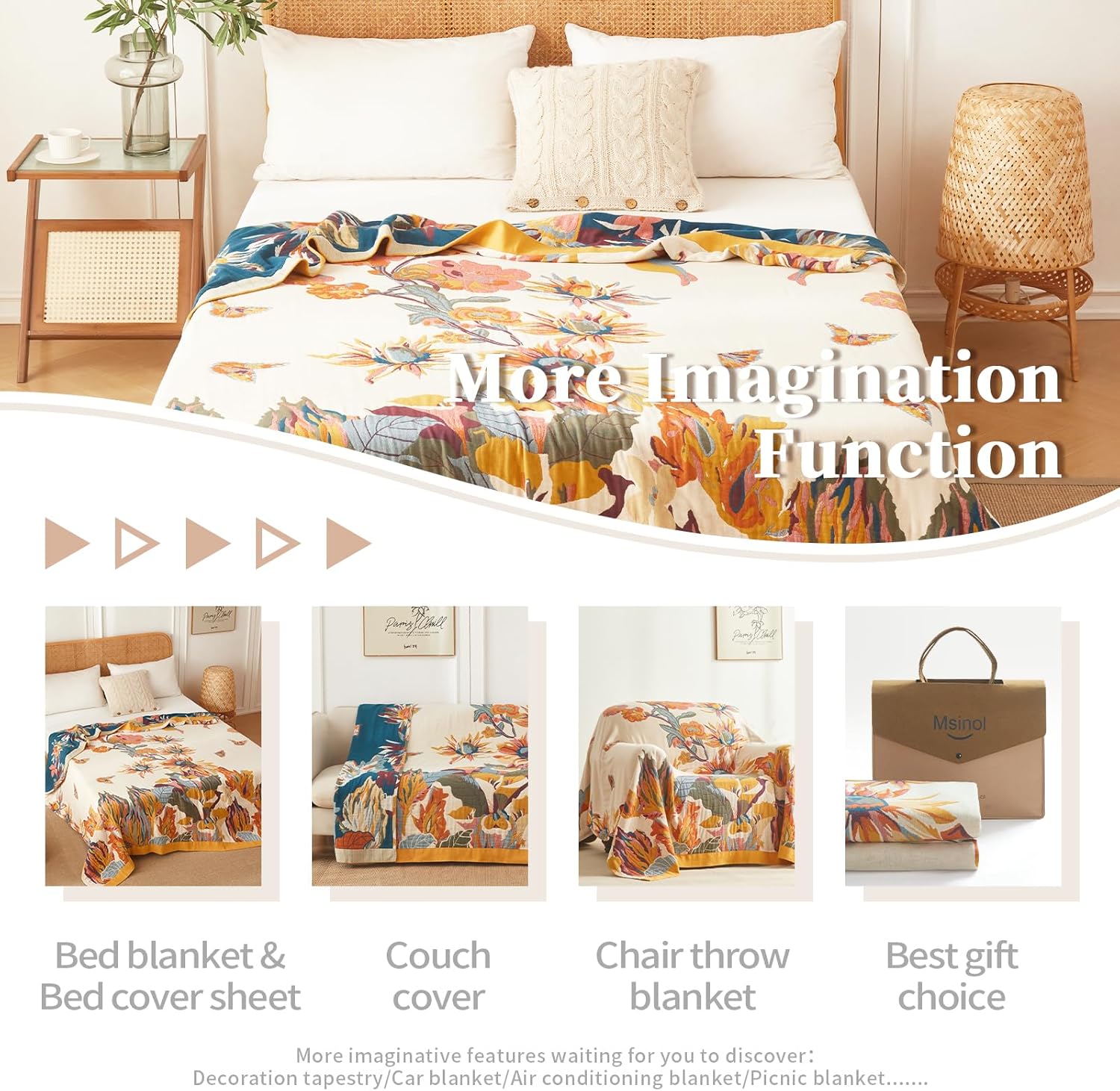 Cotton Throw Blanket Floral Printed Throw for Bed Soft Breathable Farmhouse Blankets Home Decoration Picnic Blanket (60"x80",02-Colorful Flowers) - Image 4