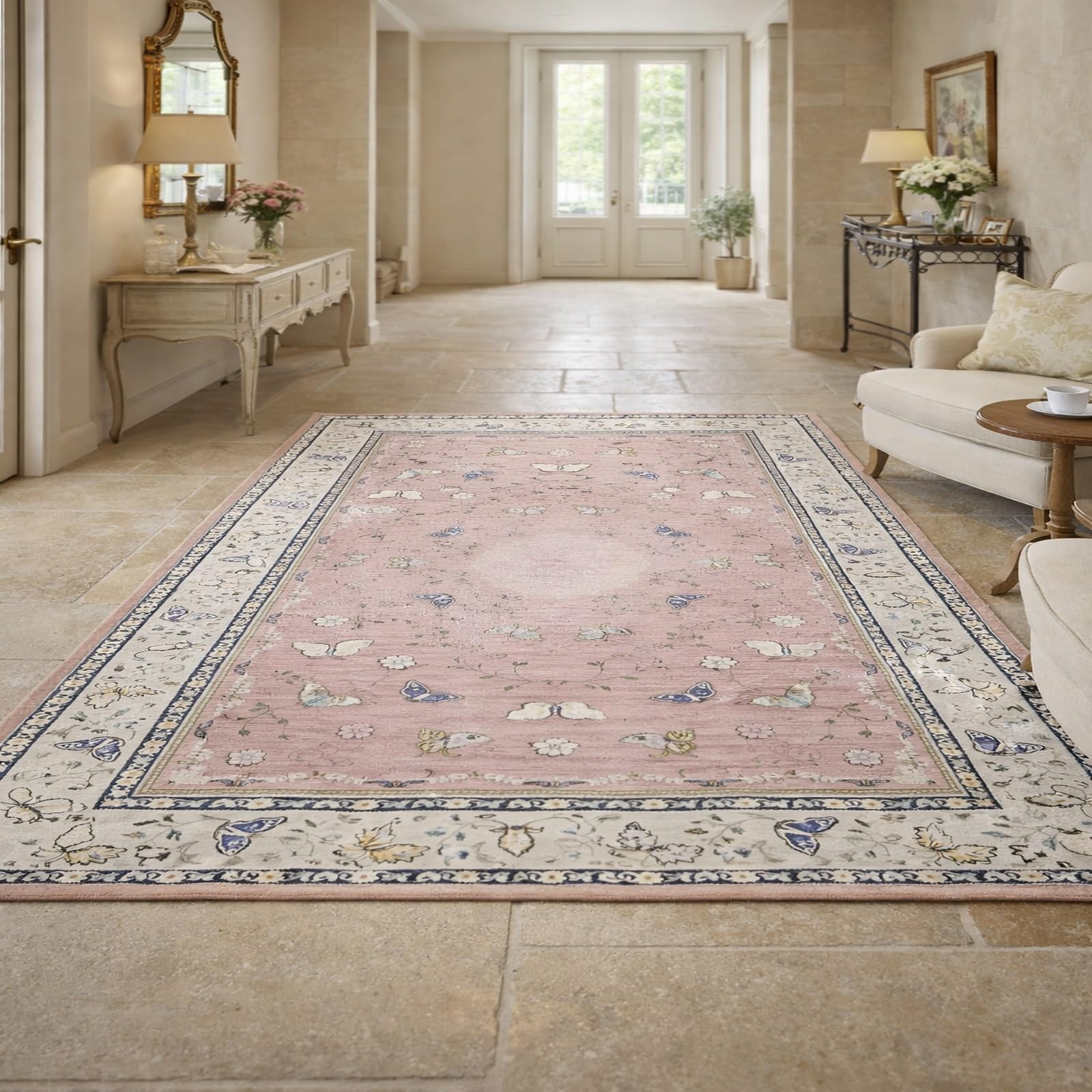 Tapis de salon motif floral traditionnel rose et bleu 170x200 cm