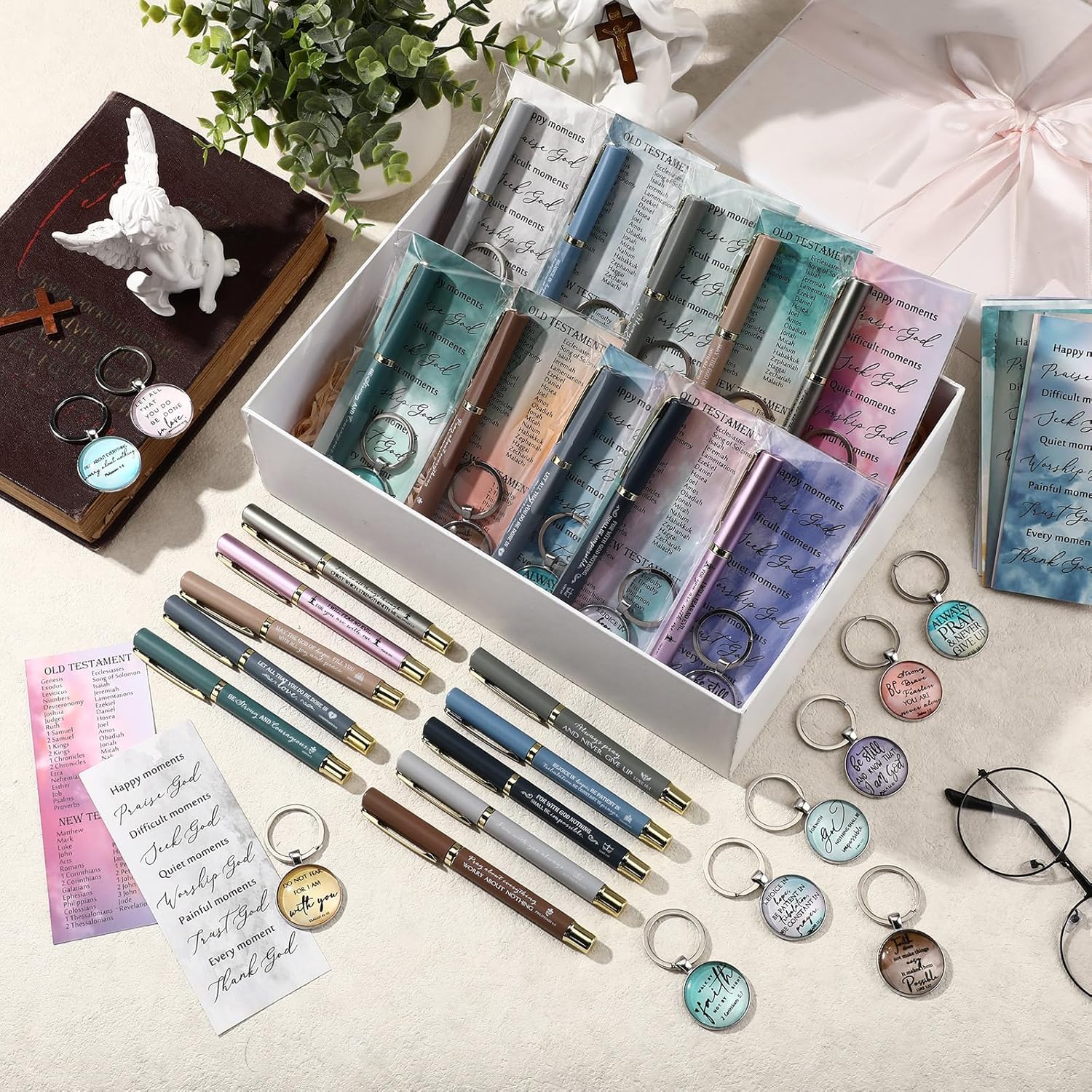 20 Sets Valentines Christian Church Gifts Bulk Bible Verse Pens Keychains and Bookmarks Religious Gift for Employee Coworker Nurse Women Men Teacher Sunday School Supplies(Vibrant,Watercolor) - Image 5