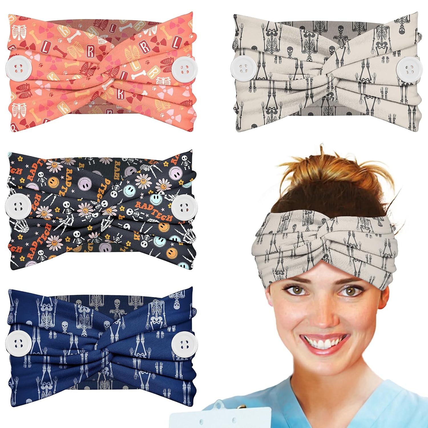 Plifal 4pcs Nurse Headbands for Women with Buttons Non Slip - Cute Skeleton Radiology Nursing Sweat Wicking Head Bands, Elastic Wide Turban Soft Hair Bands Accessories for Medical Healthcare Work