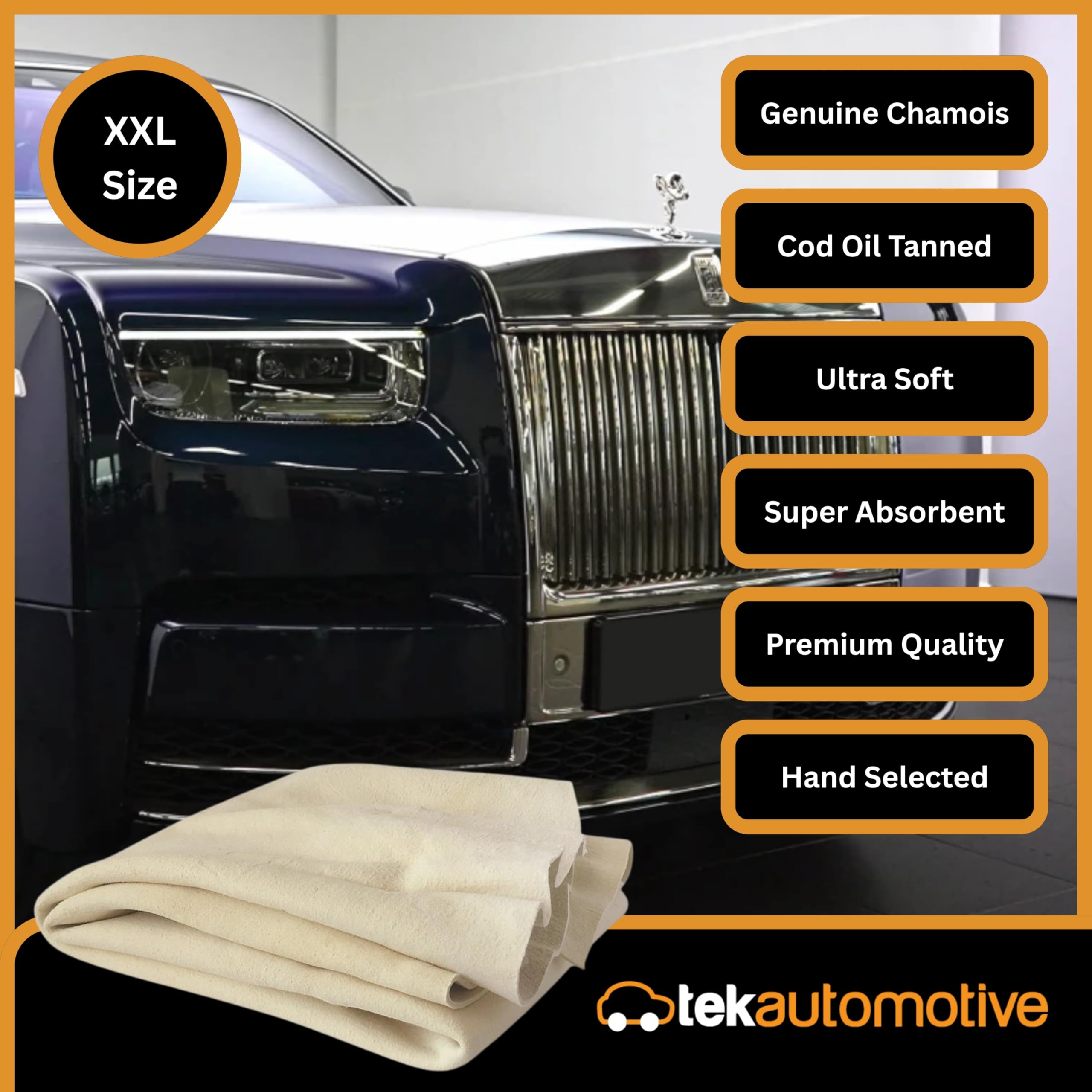 Tek Automotive Pelle di camoscio per auto – Qualità professionale XXL Full Cod conciata all'olio – 100% vera pelle shammy panno per asciugatura e lucidatura auto
