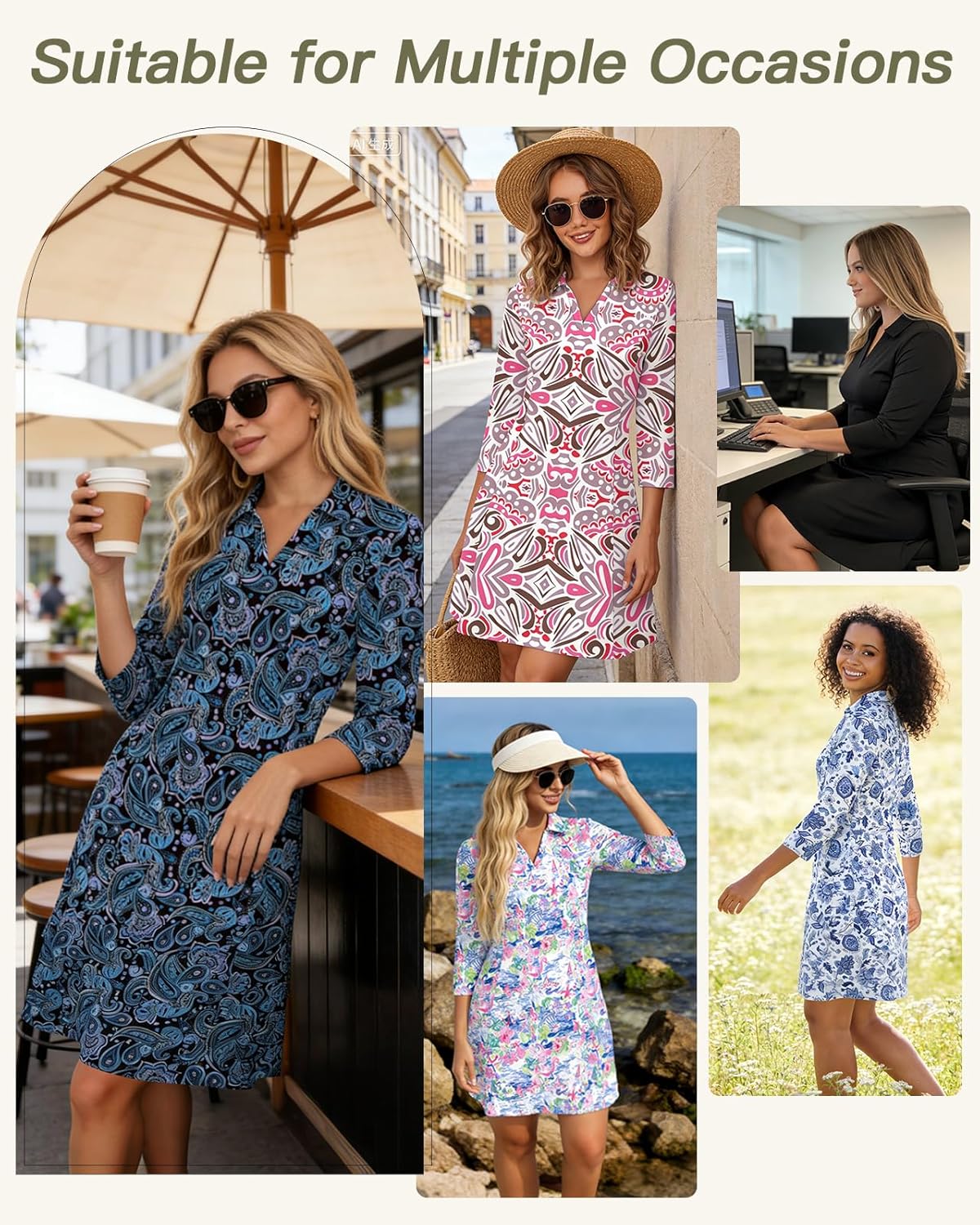 WOWENY 3/4 Sleeve Dress for Women with Pockets V Neck UPF 50+ Casual Sun Dress Breathable Quick Dry Beach Vacation