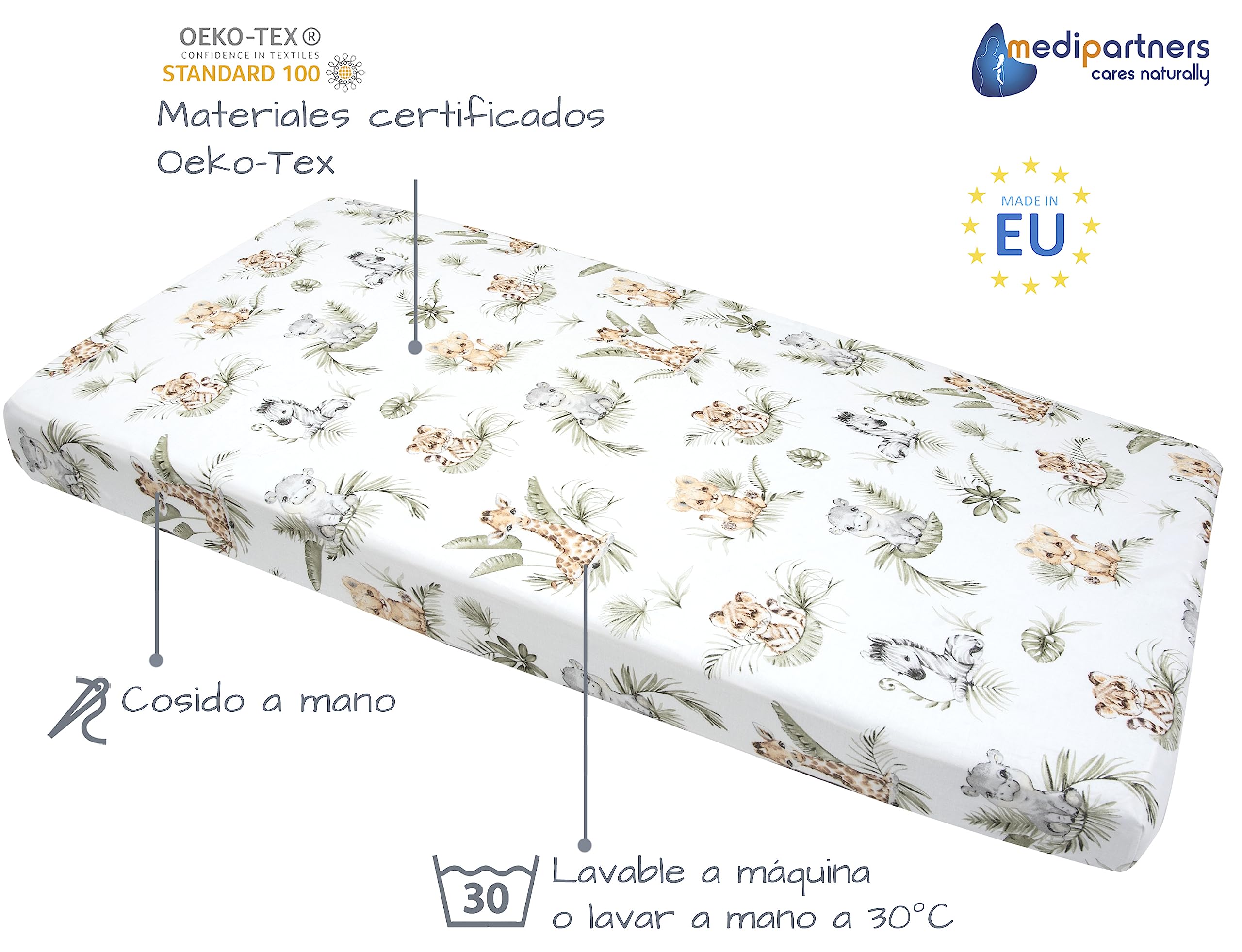 Medi Partners Sabana Bajera Cuna 60x120 Set de 3-100% Algodon Sabanas de Algodón Bebe Ropa de Cama para Bebés Dormir Cuna Fitted Bed Sheet Protector (Safari-Blanco-Gris)