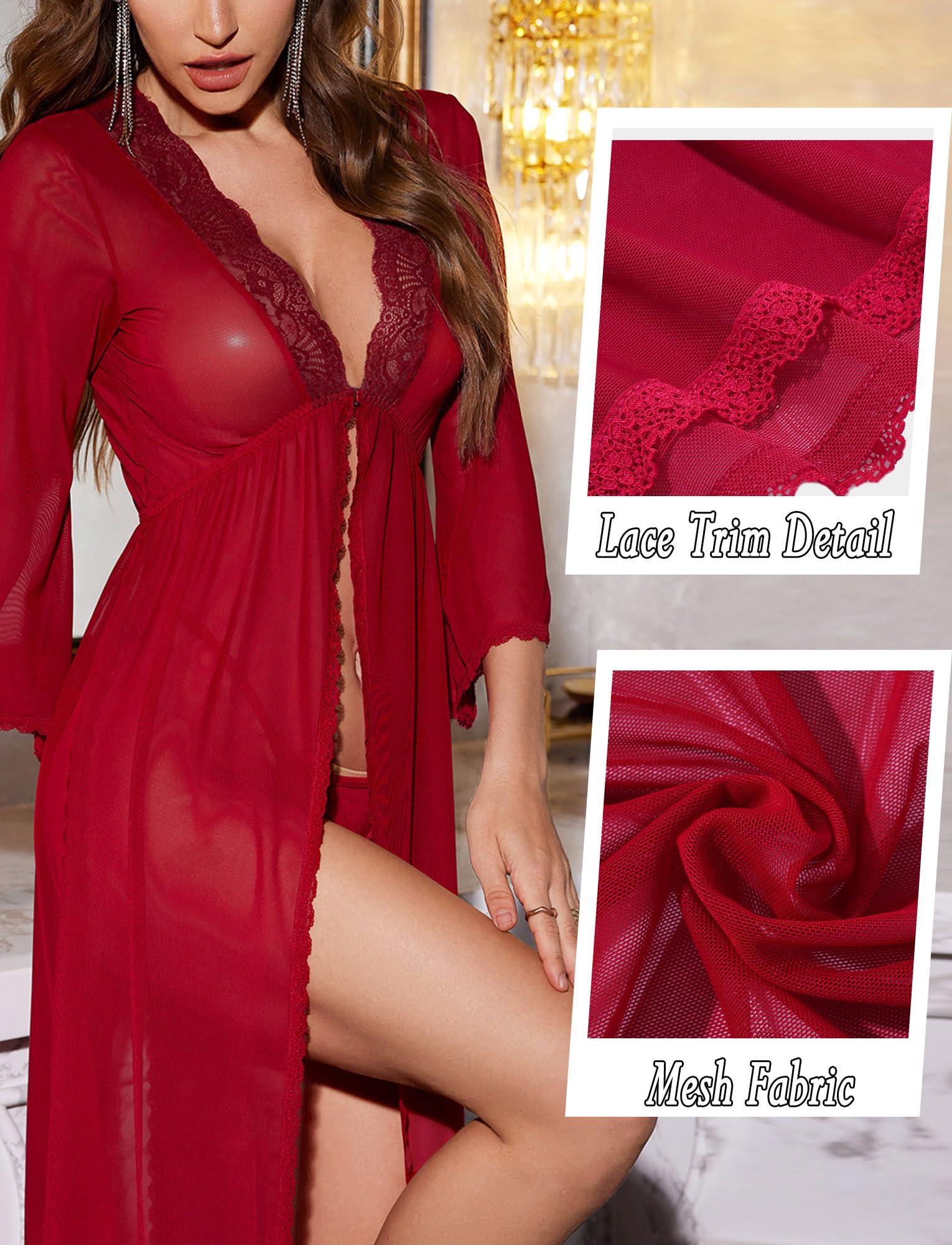 Maeau - Lencería Bata Kimono Larga Encaje Transparente Malla y Abertura Alta para Mujer S-XXL