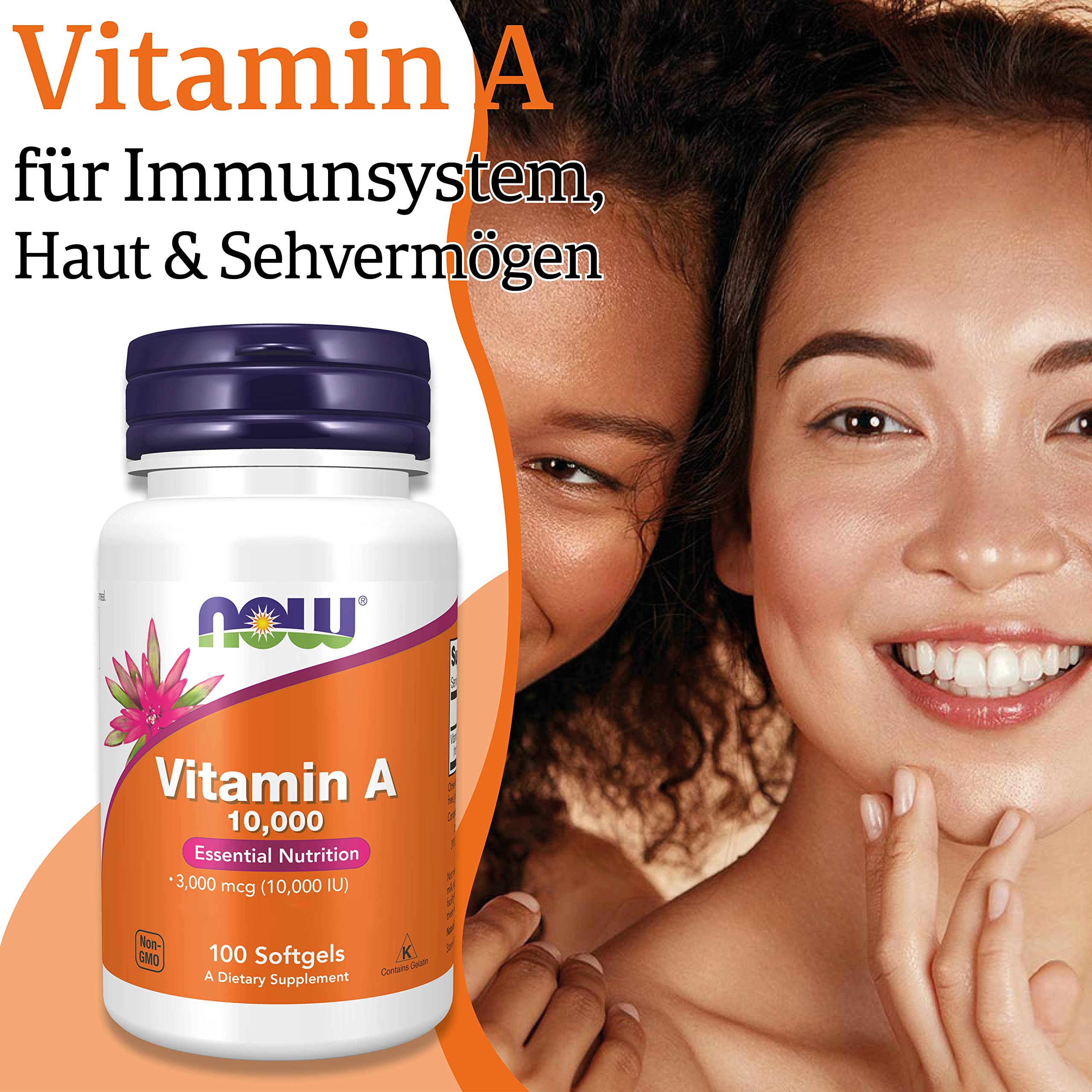 Now Foods, Vitamin A, 10.000IU (3.000mcg), aus Retinylpalmitat und Lebertran, Hochdosiert, 100 Kapseln, Laborgeprüft, Glutenfrei, Sojafrei, Ohne Gentechnik