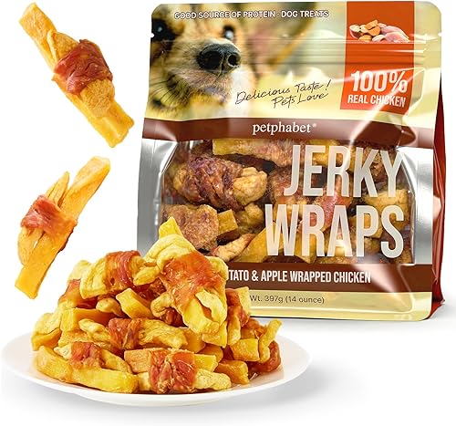 PETPHABET Chicken Wrapped Sweet Potato Apple Dog Treats - Healthy Jerky Dog Chews, Rawhide Free Training Treats for Small, Medium, Large Dogs, Soft Snacks High Protein & Low Fat, Easy to Digest, 14oz