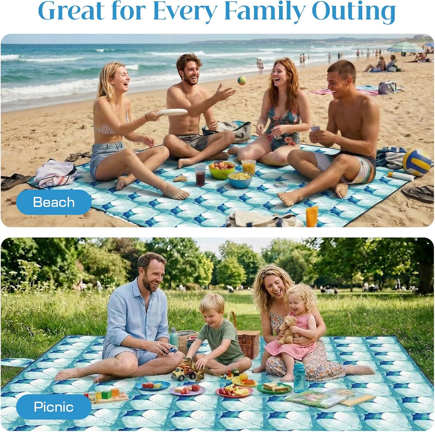 OIGAE Family Beach Blanket, 7×8 ft Sand-Free Picnic Mat for 1–4 People, Quick-Dry Lightweight Outdoor Blanket with Stakes & Corner Pockets, Manta Ray
