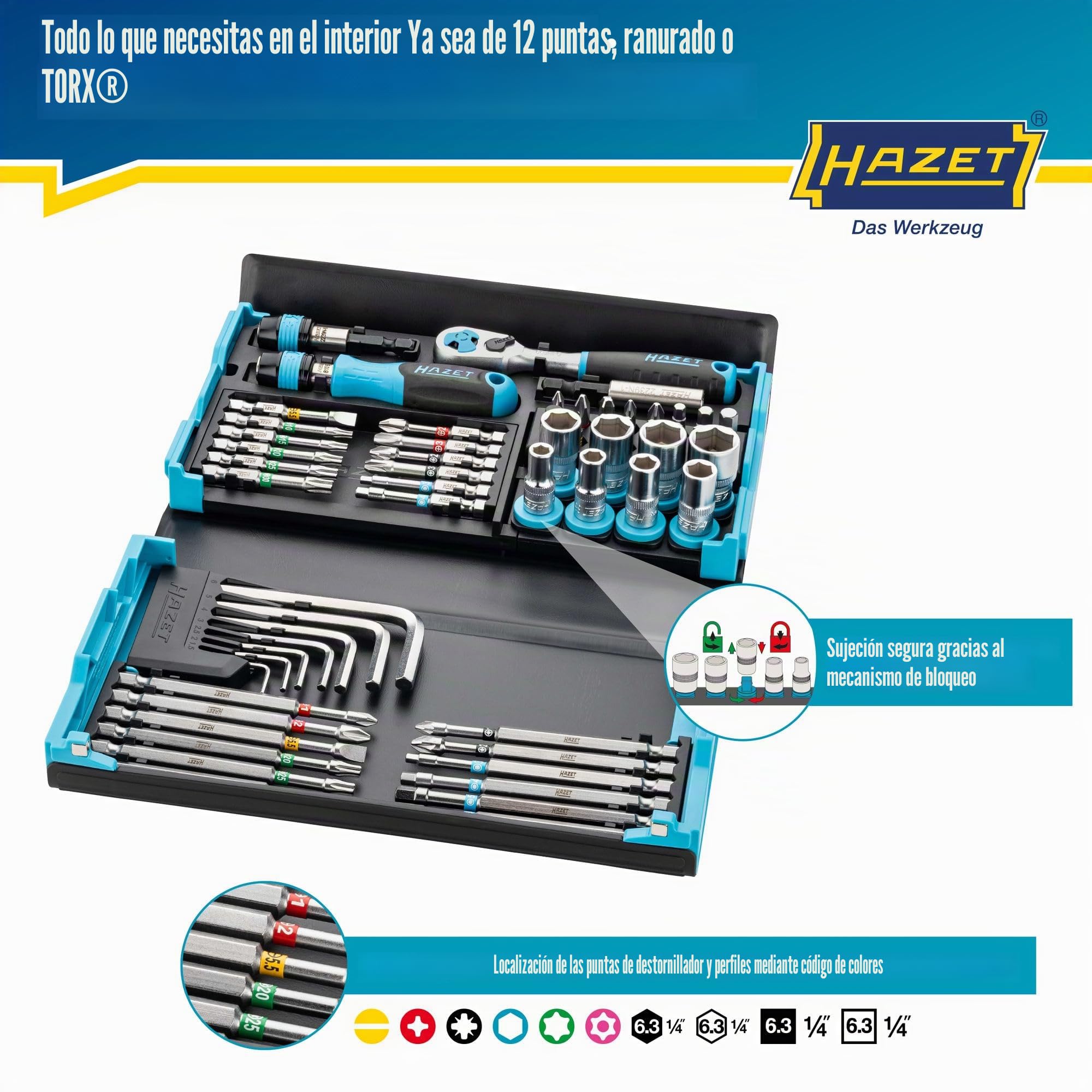 HAZET Juego de puntas Smartcase 2200SC-32 I Juego de 59 piezas, accionamiento: hexagonal 6,3 (1/4 pulgada), muchas herramientas en el mínimo espacio para una mejor visión de conjunto