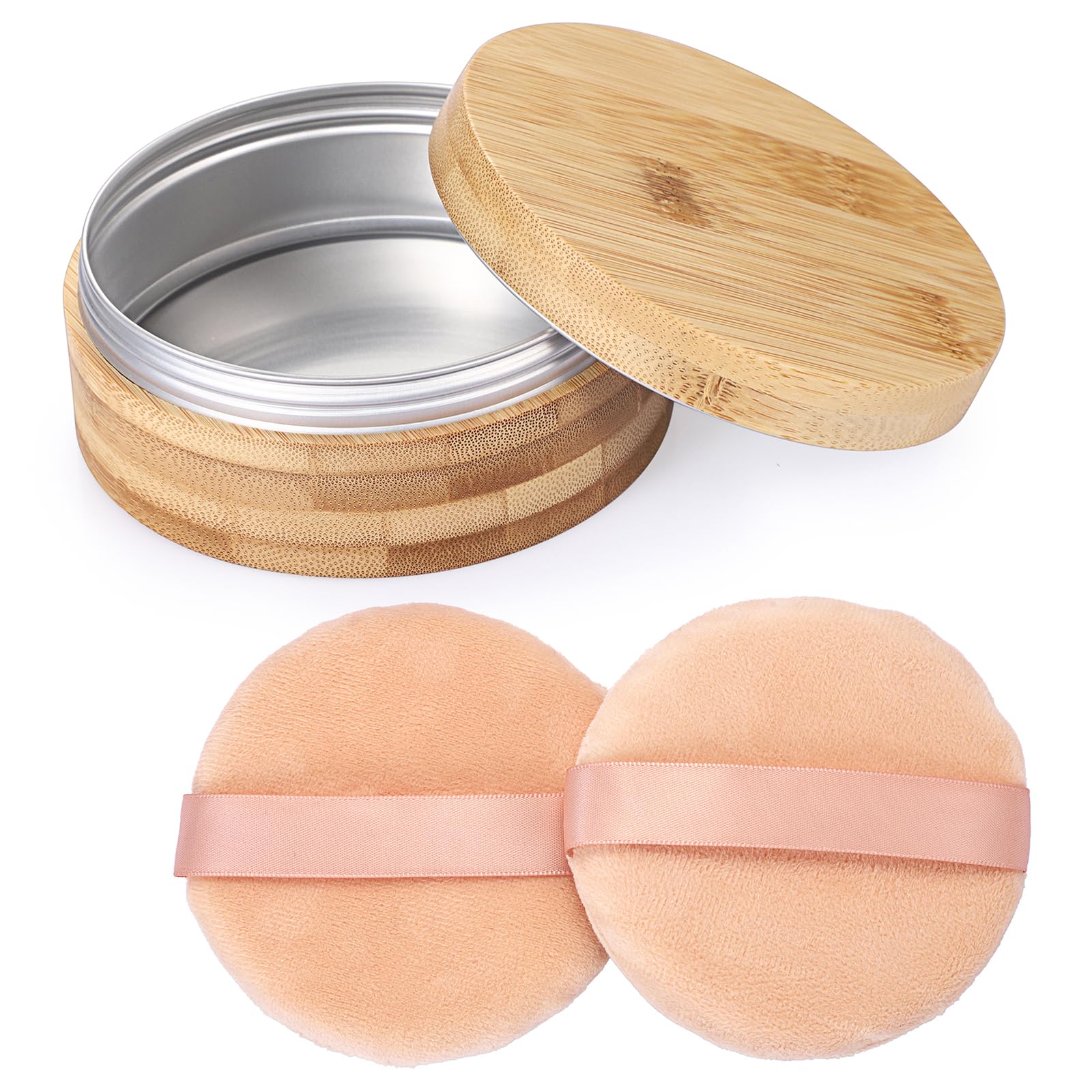 TOLIDA 2pcs Body Powder Puffs and 1 Container, 10oz Empty Bamboo Case with Aluminum Inner Jar