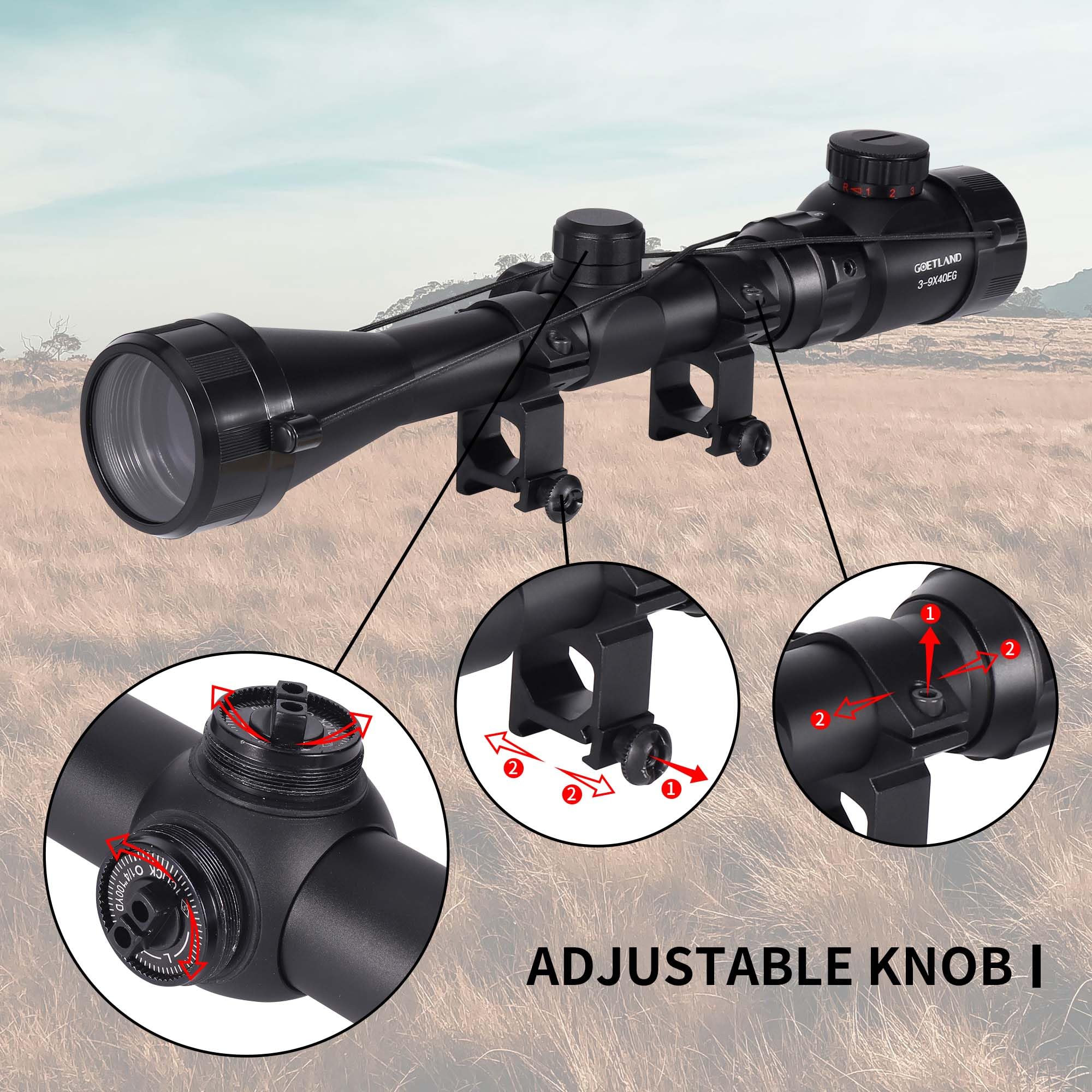 Goetland Gewehr Zielfernrohr 3-9x40 EG Airsoft Rot Grün Fadenkreuz mit Montage Ringe SFP für Taktische Jagd Armbrust Luftgewehr Sportschützen