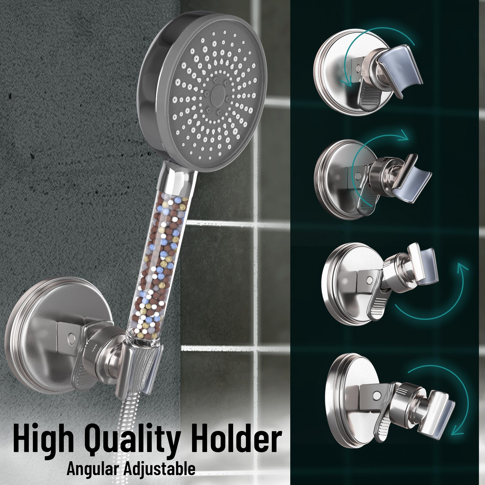 Cabezal de ducha con soporte ajustable, cabezal de ducha de alta presión con 5 modos de pulverización con 5 filtros, filtros suavizantes de agua para agua dura, elimina el cloro, filtro