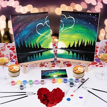 VOCHIC Sip and Paint Kit for Adult,2 Pack Pre Drawn Canvas Couple Painting Kit Date Night Couples Paint Art Set with Outline Canvas Polar Night Sky Valentine (8 x 10 Inches)