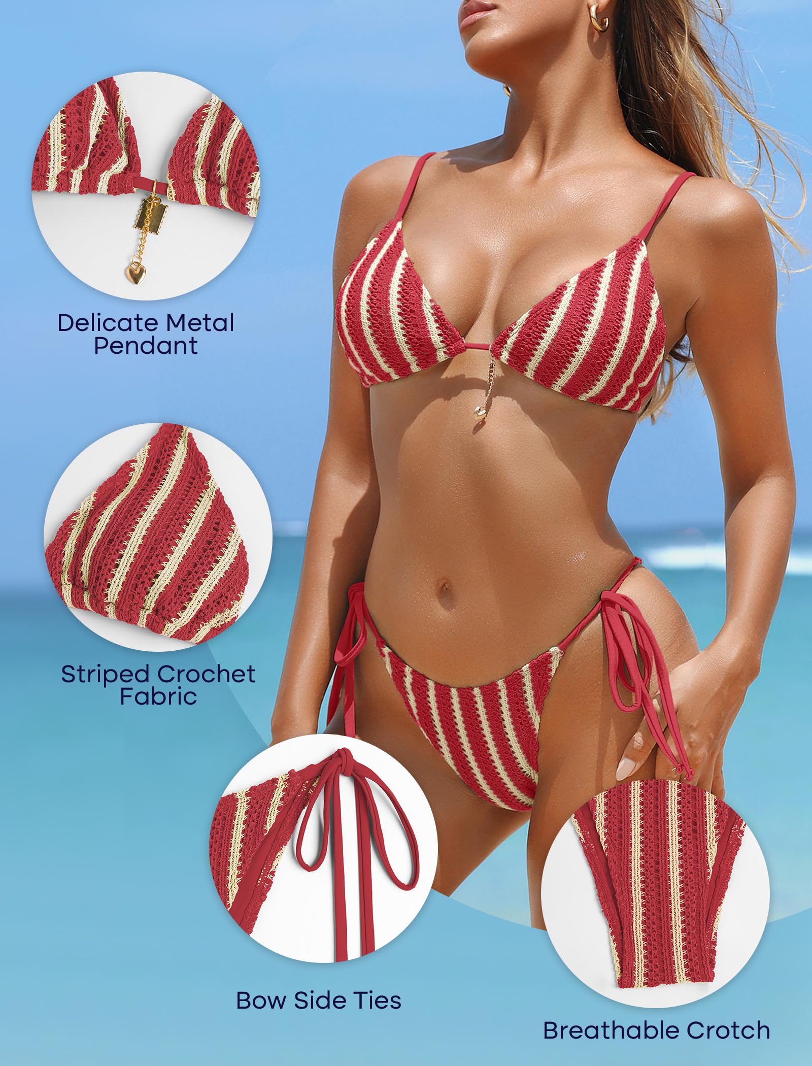 ZAFUL Crochet Bikini Sets for Women Cheeky Two Piece Bathing Suits Striped Brazilian High Cut Knit Swimsuit Tie for Vacation: X-Large A-red