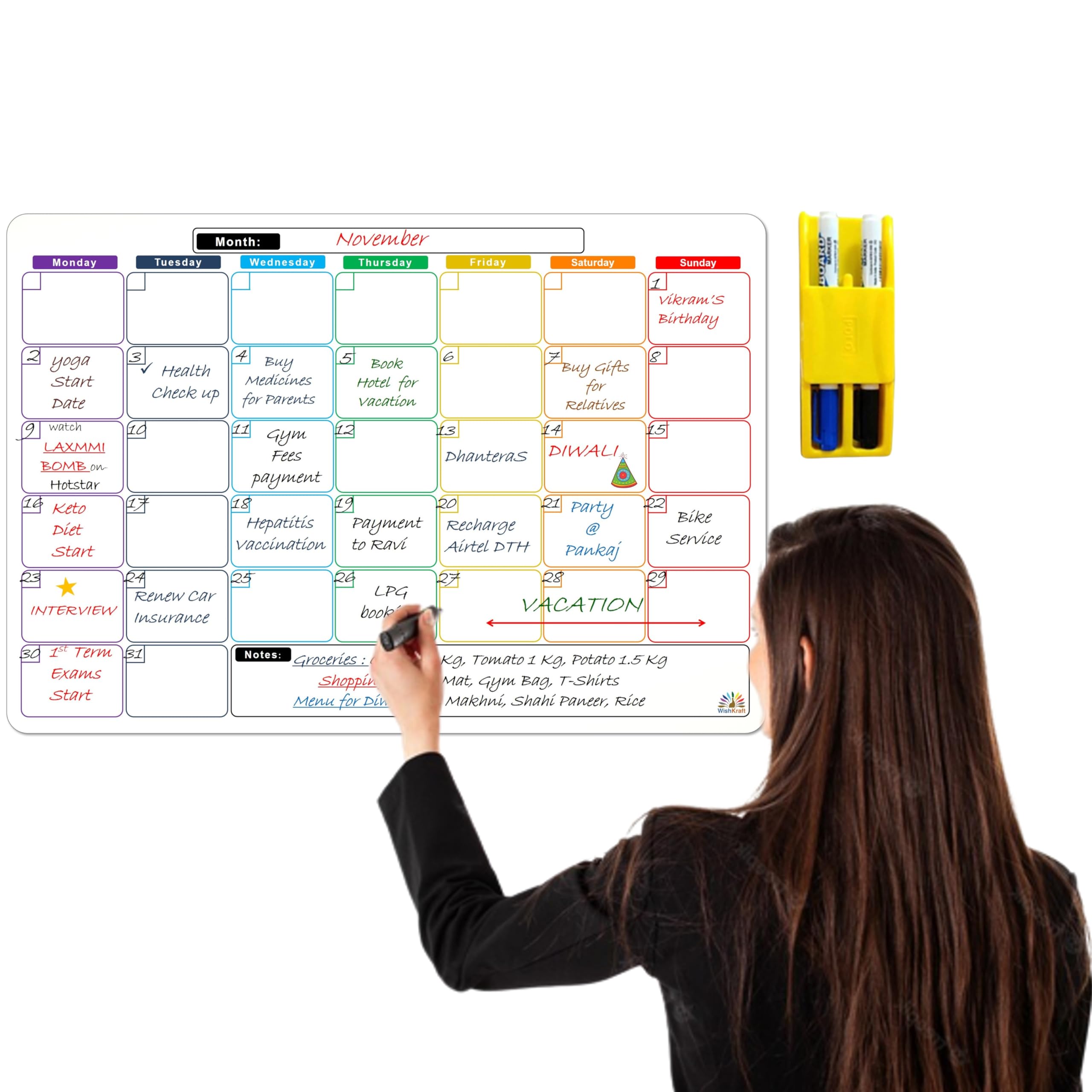 WishKraft Magnetic Monthly Planner for Fridge (18x12 Inch) | Reusable Dry Erase Monthly Calendar Planning Board with Notes Section | Magnetic Whiteboard Organizer Sheet with Markers & Duster