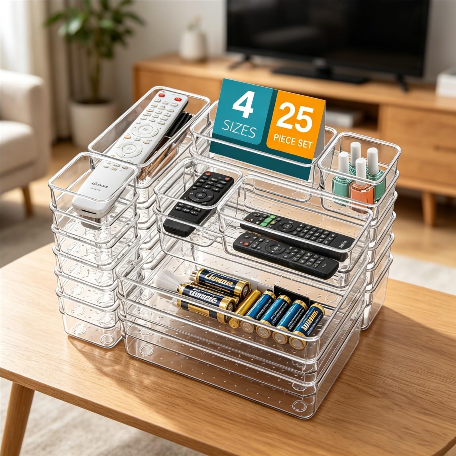 TYNGBT Transparent Plastic Drawer Organizer Set, 25 Pcs 4 Sizes, Clear Storage Bins with Dividers for Cosmetics, Office, Kitchen, Bedroom, Bathroom