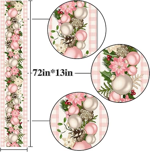 Miniatura 5 de Nepnuser Camino de mesa de Navidad rosa y blanco, búfalo a cuadros, decoración navideña de temporada, invierno, vacaciones, hogar, cocina, isla y