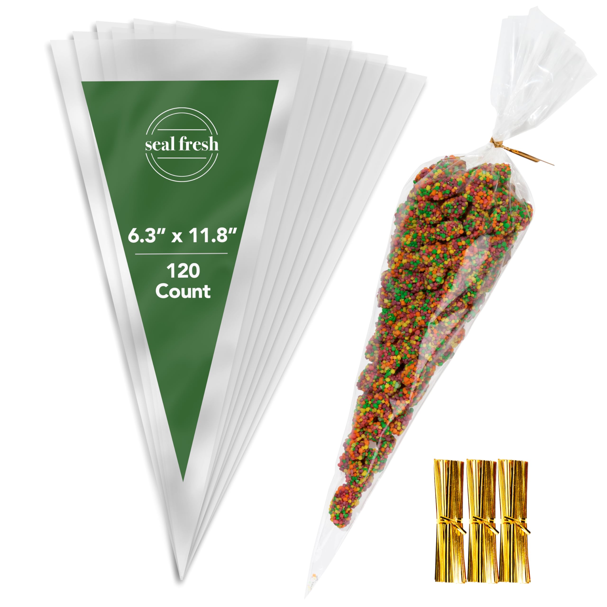 Seal Fresh Cone Cellophane Bags with Twist Ties - 6.3" x 11.8" (120 Count) - Clear Cone Shaped Treat Bags Cellophane Triangle Candy Bags - Cone Shaped Cellophane Treat Bags, Cone Cello Bags, Cone