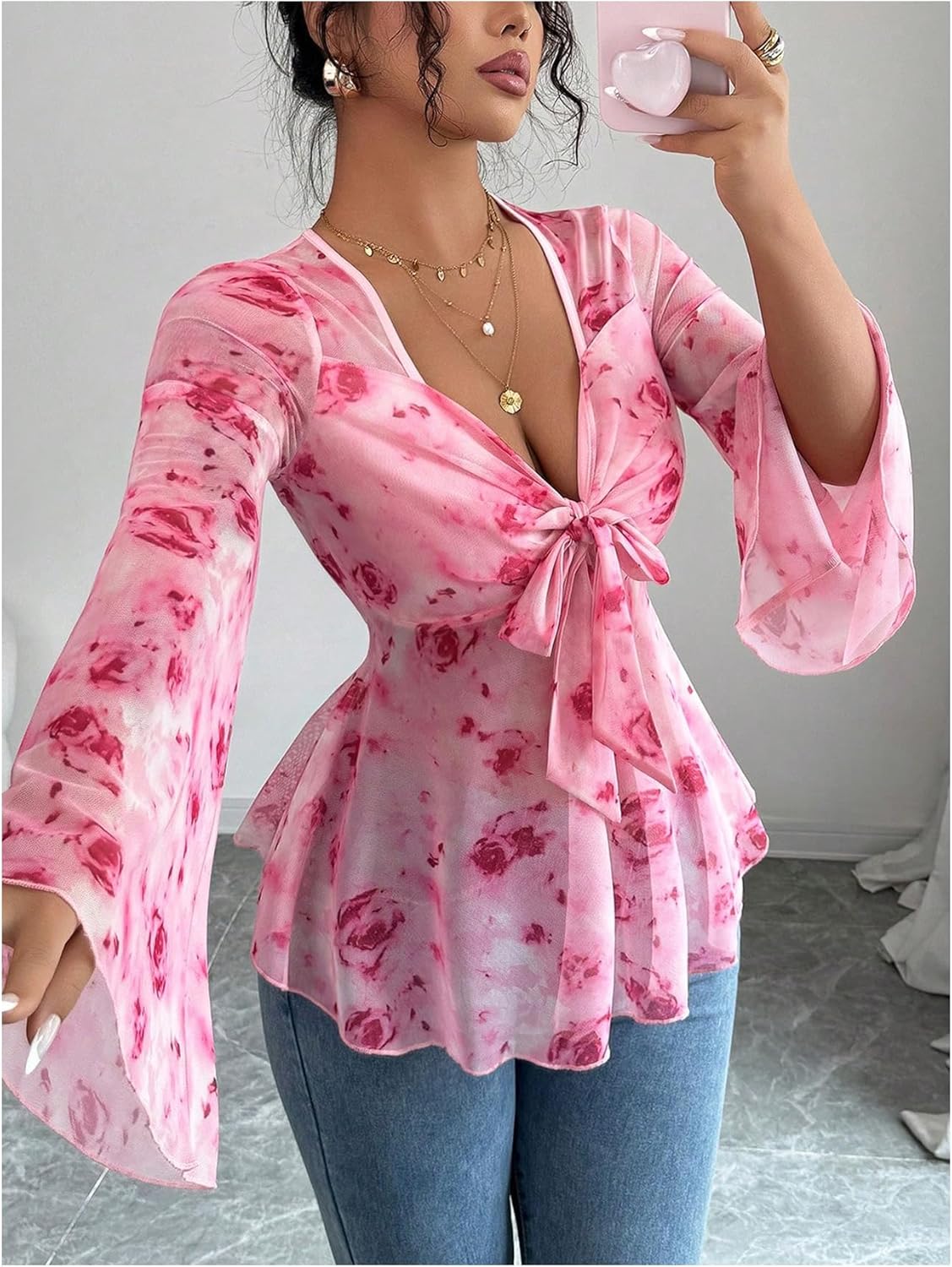 Milumia Women's Floral Bow Front Long Bell Sleeve Sheer Blouse Tops Ruffle Hem Peplum Top - Image 5