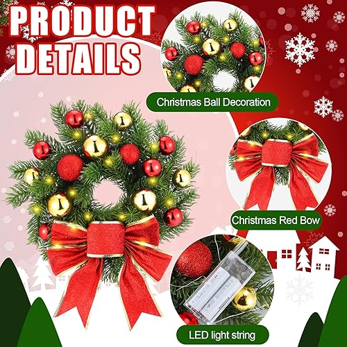 Miniatura 3 de Riceshoot Corona de Navidad decorativa con luz LED para automóvil, accesorios de automóvil iluminados con lazo rojo y equipo de montaje para