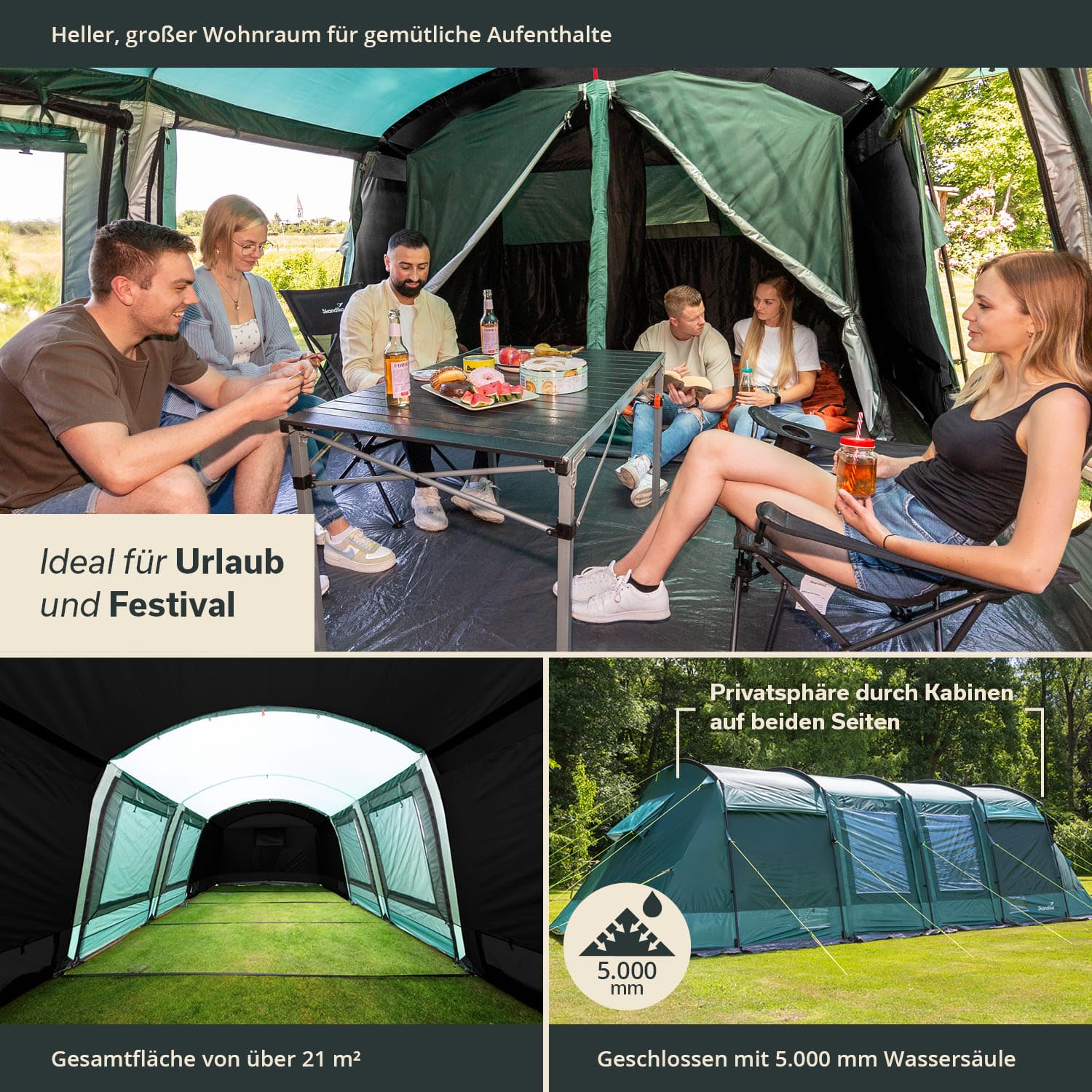 Skandika Tunnelzelt Montana 8 Personen | Camping Zelt mit/ohne eingenähten Zeltboden, mit/ohne Sleeper Technologie, 3-4 Schlafkabinen, 5000 mm Wassersäule, Moskitonetze | großes Familienzelt