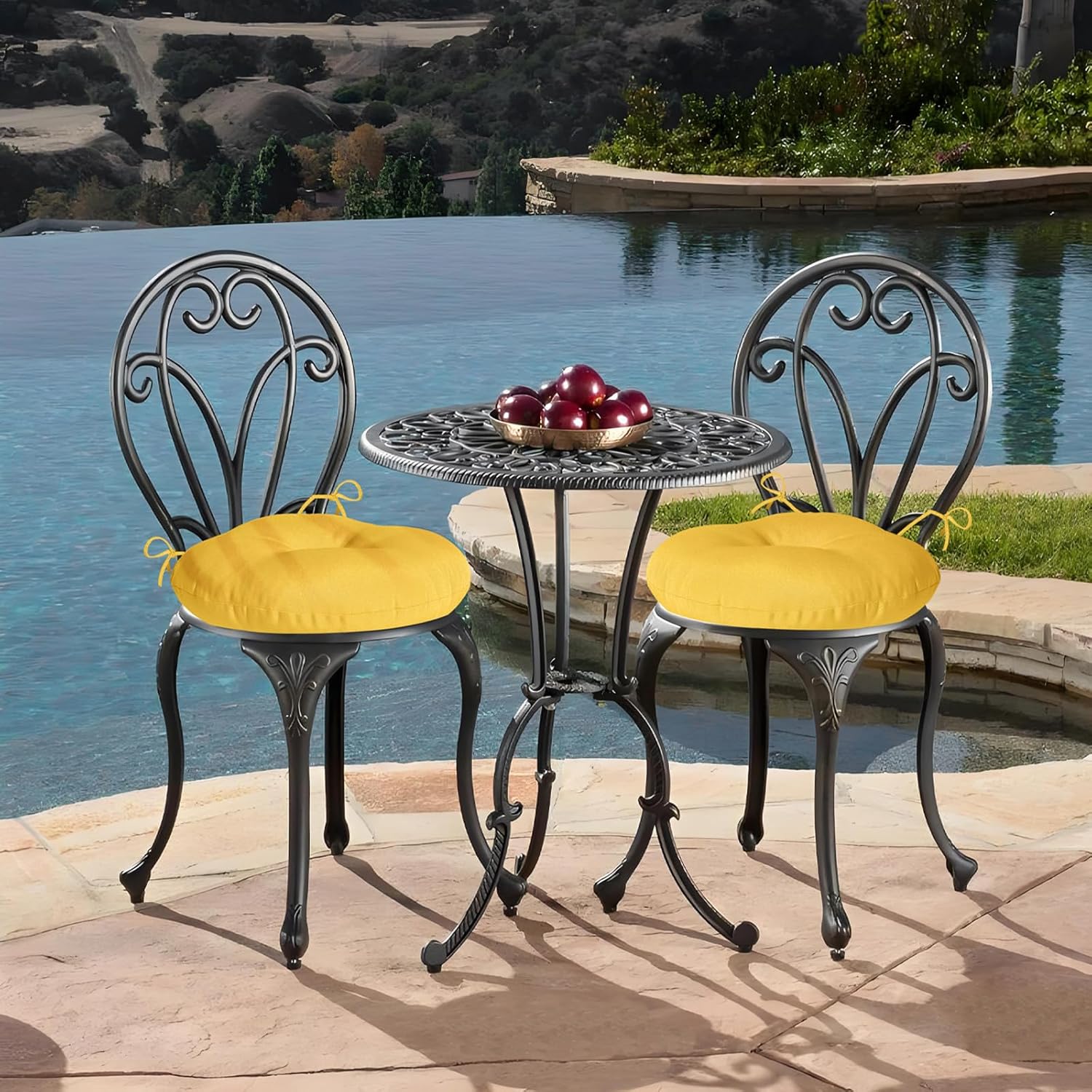 Round Outdoor Chair Cushions, Tufted Bistro Chair Cushions with Ties, Thickened Round Seat Cushion for Patio Furniture, 2 Pack, 15x15 Inch, Yellow