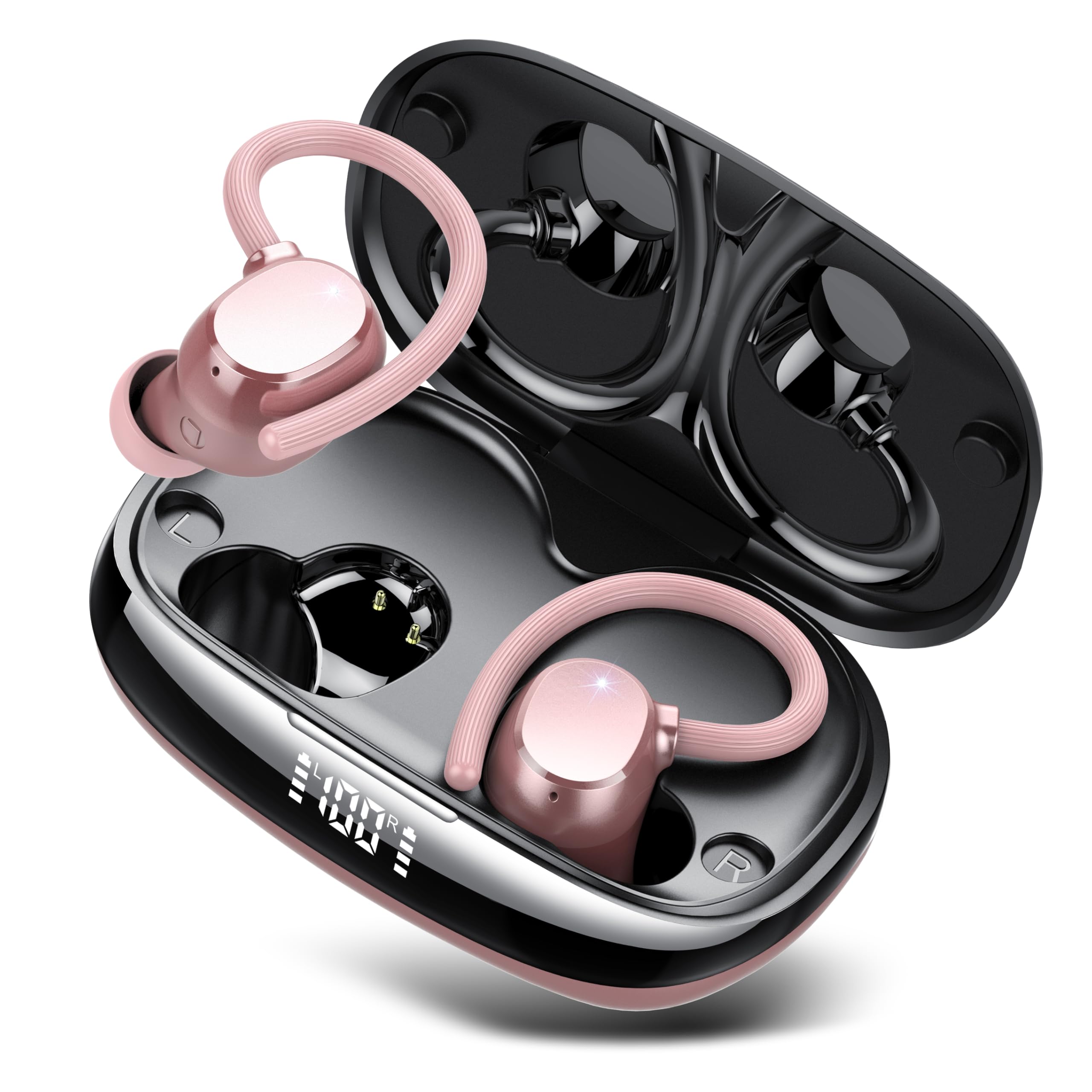 Tukio Cuffie Auricolari Bluetooth 5.4 Sport con Archetto, Wireless HiFi Stereo con HD Mic Chiamata Cancellazione Rumore, 80 Ore Cuffiette con Display LED, IP7 Impermeabili, Rosa Metallizzato​