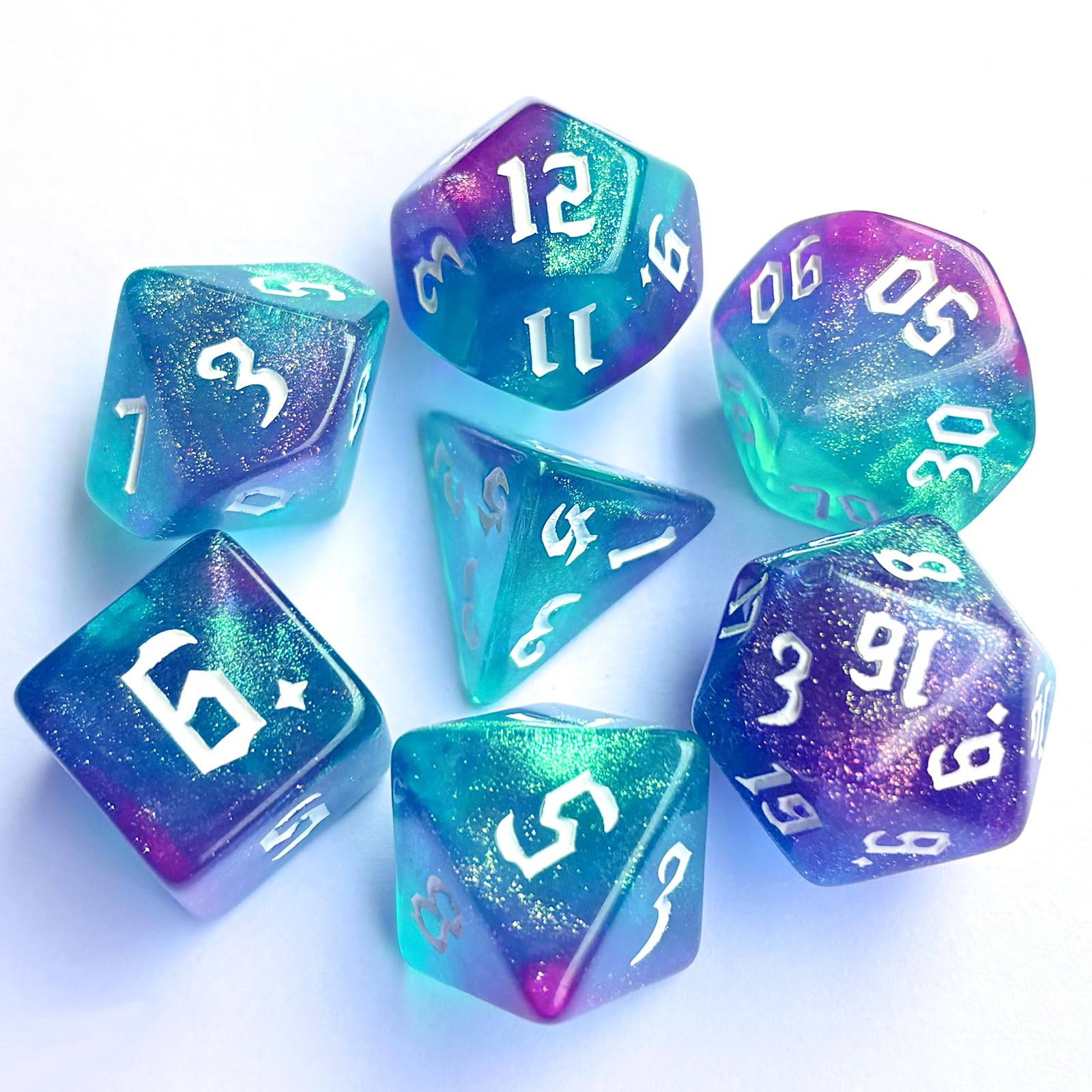 Galaxy DND Dice 7Pieces, Glitter Sparkle Cosmic Green Purple Mixed Polyhedral DND Dice for RPG MTG Table Game Dice