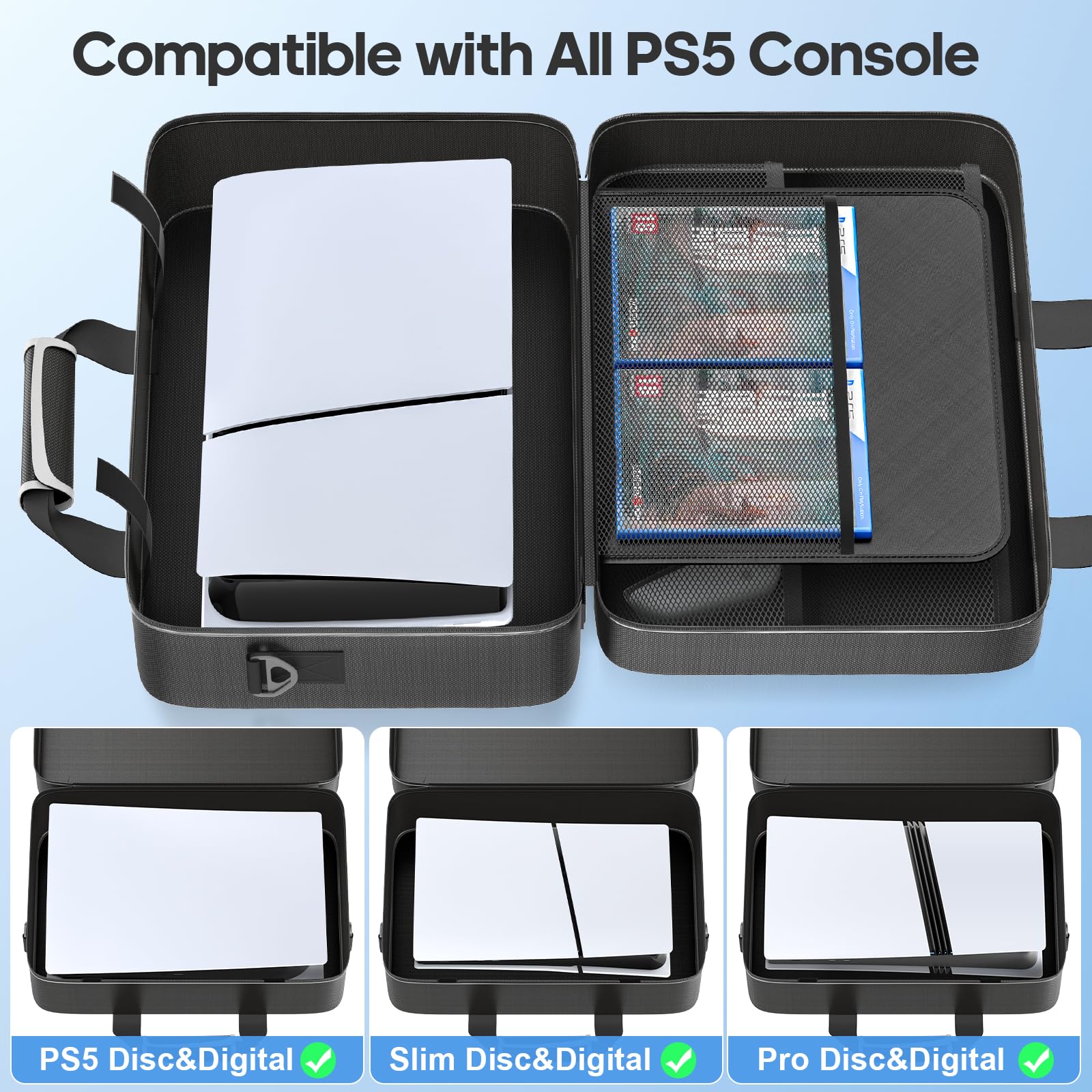 Custodia da Trasporto con P5/Slim/Pro Digitale e Disco, Capacità Maggiore Borsa PS 5 con Tracolla Rimovibile, Borsa da Viaggio Protettiva può P5 Console, Controller, PS Portal, Dischi (Bianco e Nero)