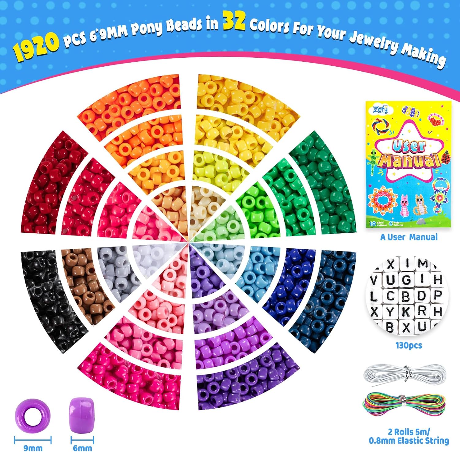 Zefy Pony Beads for Bracelets and Crafts, 32 Colors Kandi Beads with 10 Kandi Cuff Designs and 6 Bead Pets Designs, Friendship Bracelet Kit with Letter Bead for Keychain Jewelry Making (2000+ Pcs) - Image 3