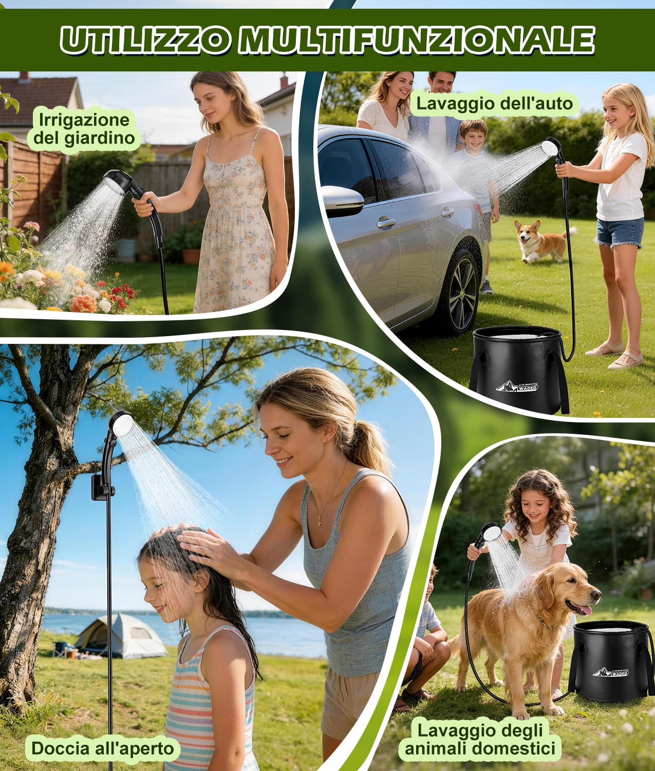 WADEO Doccia Portatile Campeggio con Acqua Calda, Autonomia fino a 10 Giorni, Display LED, Secchio Pieghevole 20L, Doccia Camper Ricaricabile USB, IPX8, per Viaggi, Spiaggia, Cani