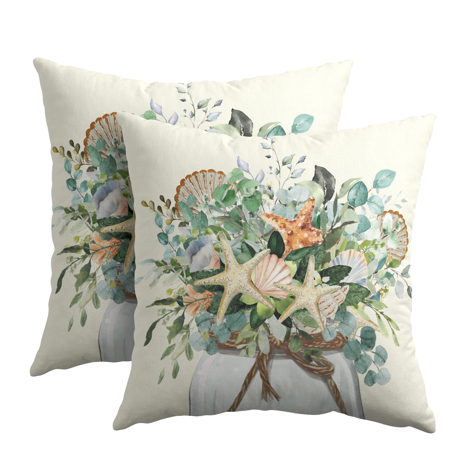 Kawani Eucalyptus Leaves Starfish Pillow Covers 16x16 Inch Set of 2 Coastal Green Leaf Mason Jar Outdoor Decorative Pillowcase Cotton Linen Square Cushion Case for Couch Sofa Home Decor