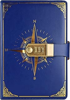 Amythe Cuaderno A5 vintage de piel con cerradura de combinación, 100 hojas/200 páginas de papel rayado, regalos para adolescentes, niños y niñas, color azul