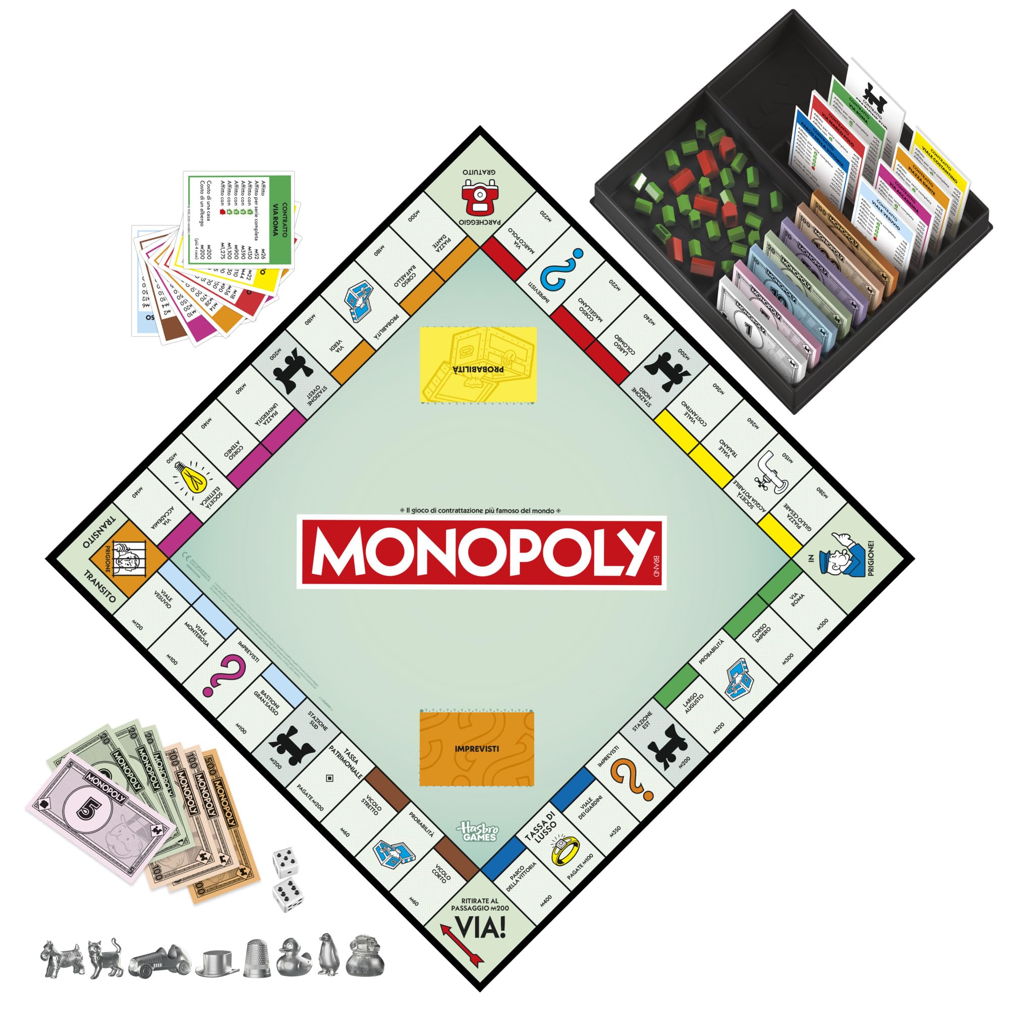 Hasbro Gaming, Monopoly, Gioco da Tavolo, Ideale per Famiglia e Amici, per Bambini e Bambine da 8 Anni in Su, Include Vaschetta Contenitore e Pedine Più Grandi, per 2-6 Giocatori, in Italiano