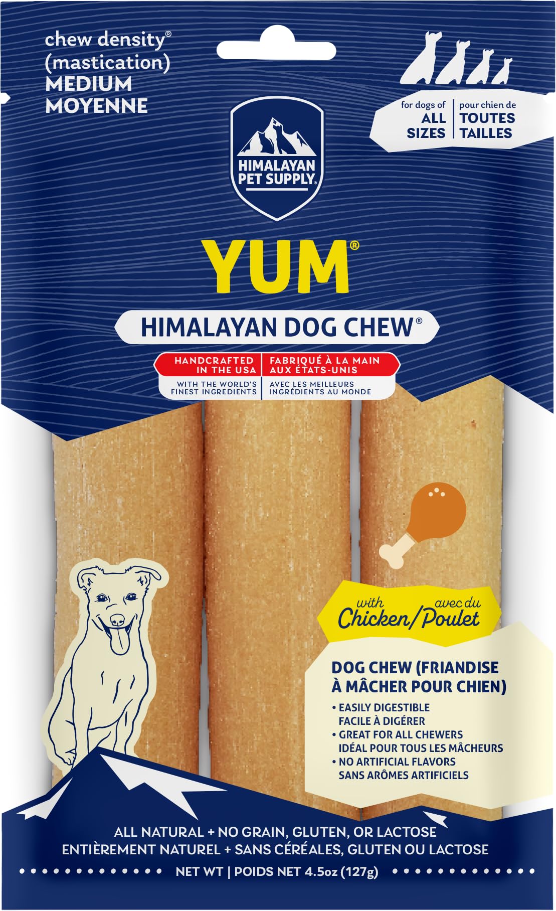 Himalayan Dog Chew Yak Cheese Dog Chews, Lactose Free & Grain Free, USA Made, for All Dog Breeds, Medium Density Cheese Chew, Resealable Pouch with 3 YUM Treats, Chicken Flavor