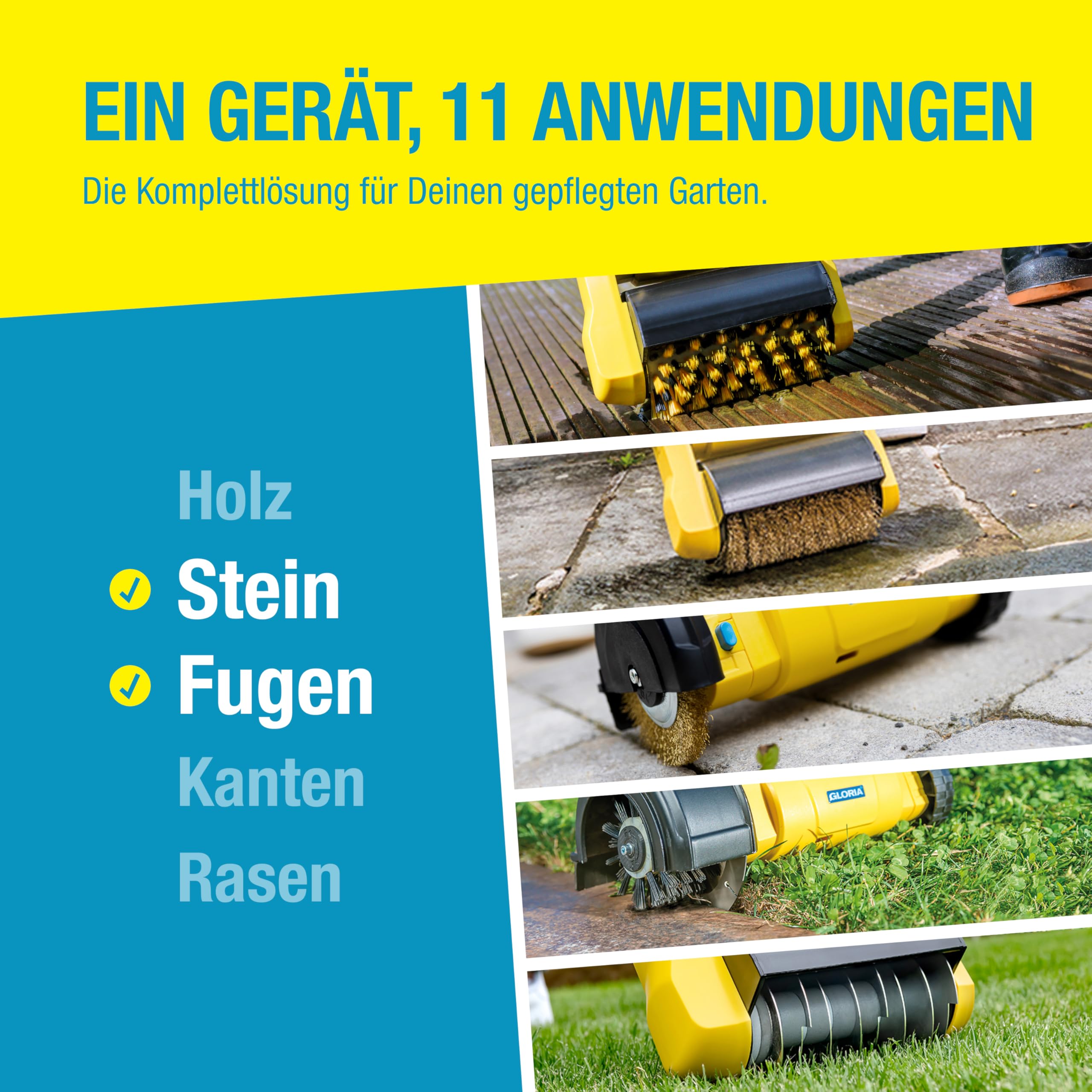 GLORIA MultiBrush li-on PLUS I Akku Reinigungsbürste für Stein, Fugen, Holz, Kanten & Rasen | Für Terrasse, Wege & Garten | Inkl. Stein- & Fugenbürste | Kompatibel mit BOSCH 18V Akku (nicht enthalten)