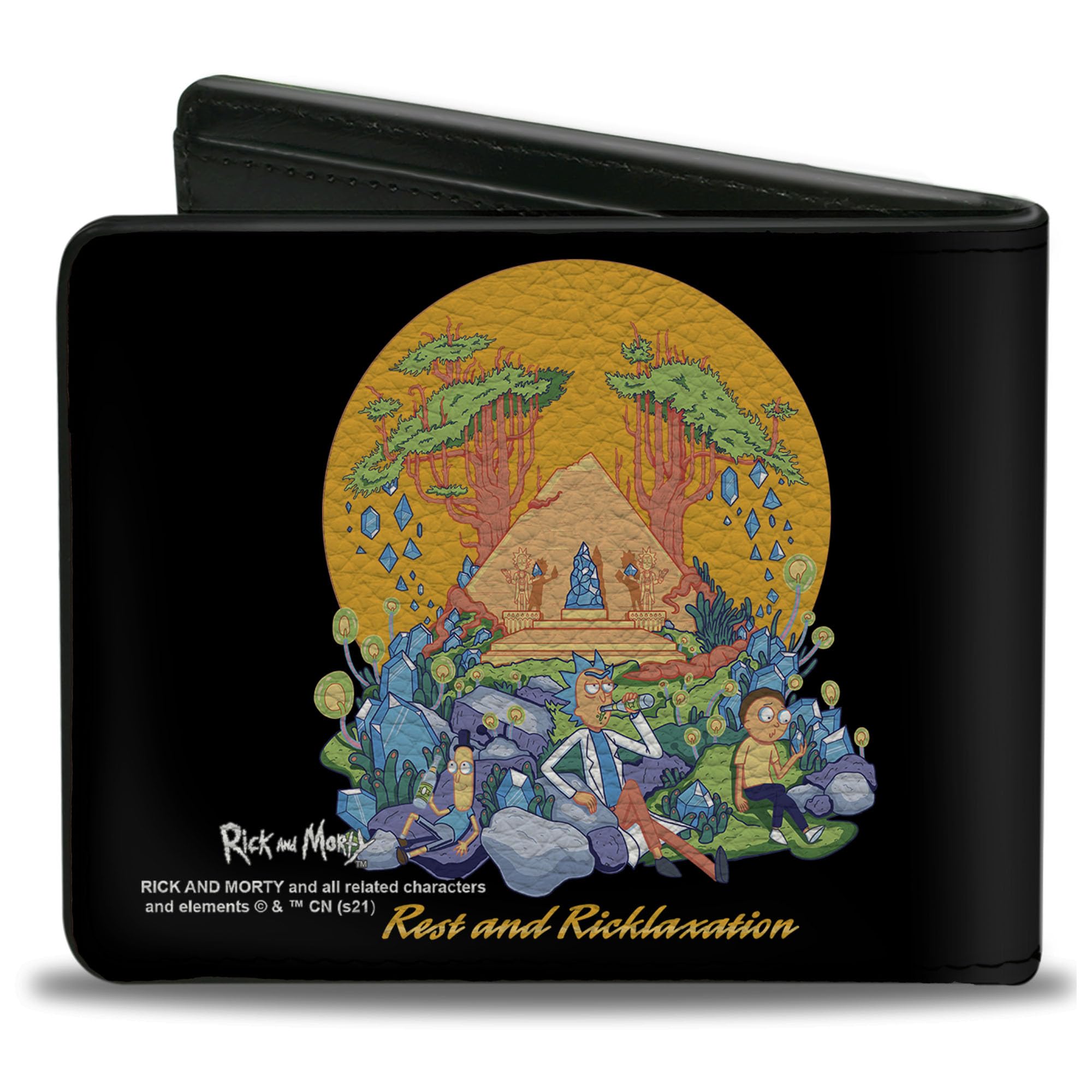 Buckle-Down Men's Rick and Morty Wallet, Bifold, Rest and Ricklaxation Group Pose Black, Vegan Leather, 4.0