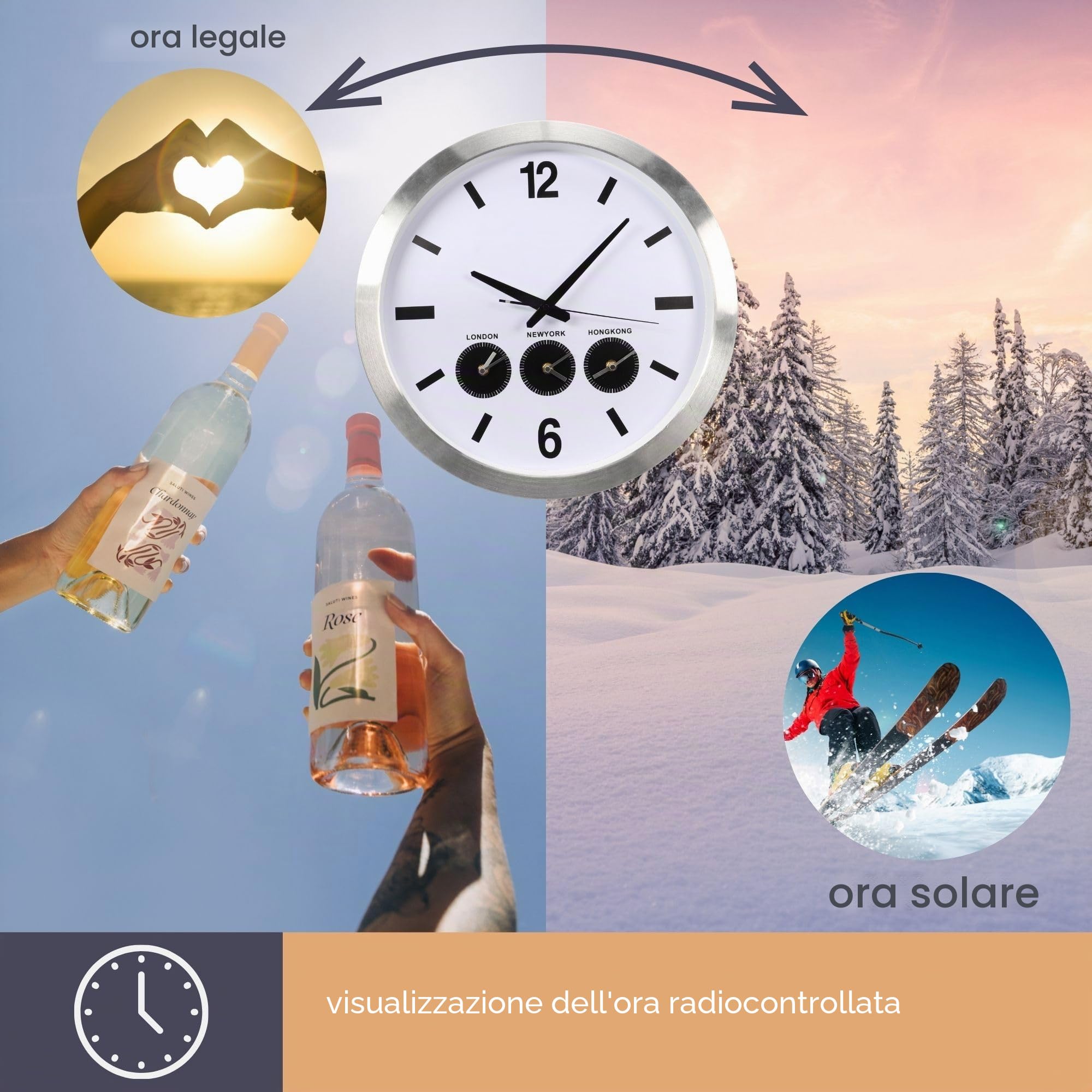 Perel Orologio mondiale analogico con 3 fusi orari, sincronizzazione automatica DCF, ampio quadrante facile da leggere, orologio da parete con cambio automatico ora legale/solare, ideale per ufficio