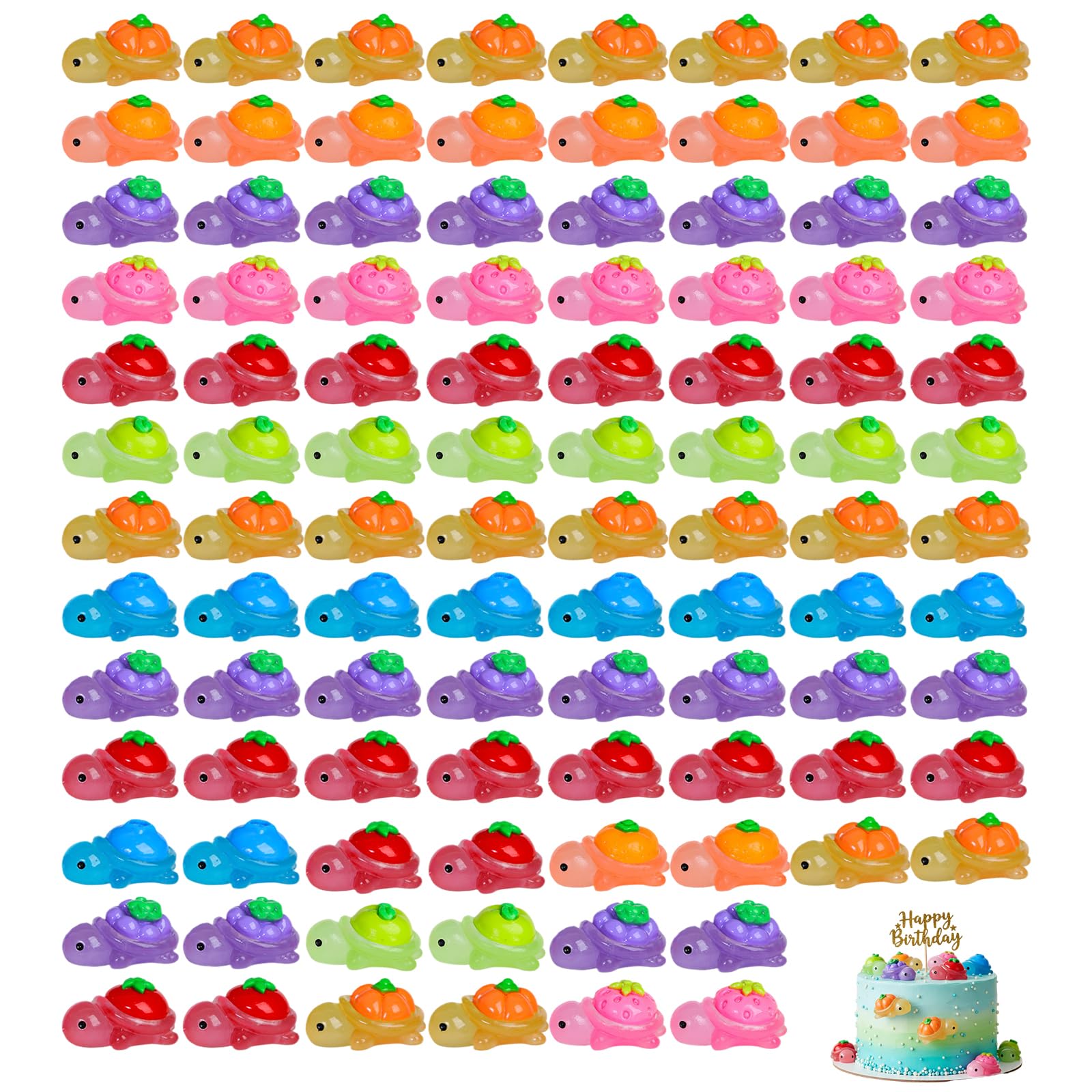 DAGLLGEW 100Pcs Mini Resin Turtles, Glow in The Dark Mini Resin Animals with Cute Fruit Designs, Tiny Turtles for Fairy Garden, DIY Craft, Party Favor, Home Decor Tiny