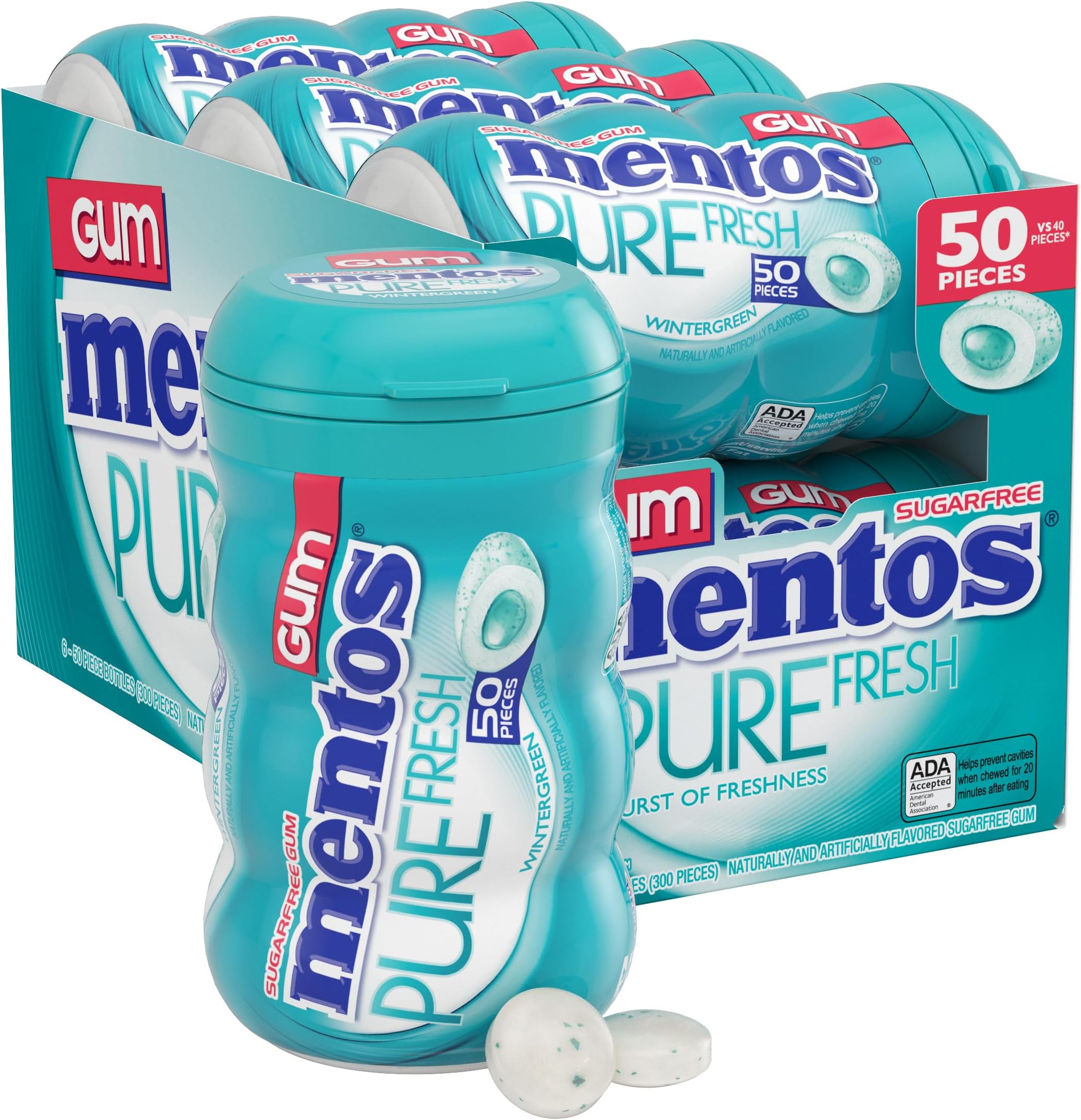 Pure Fresh Sugar-Free Chewing Gum with Xylitol, Wintergreen, Halloween Candy, Bulk, 50 Piece Bottle (Pack of 6)