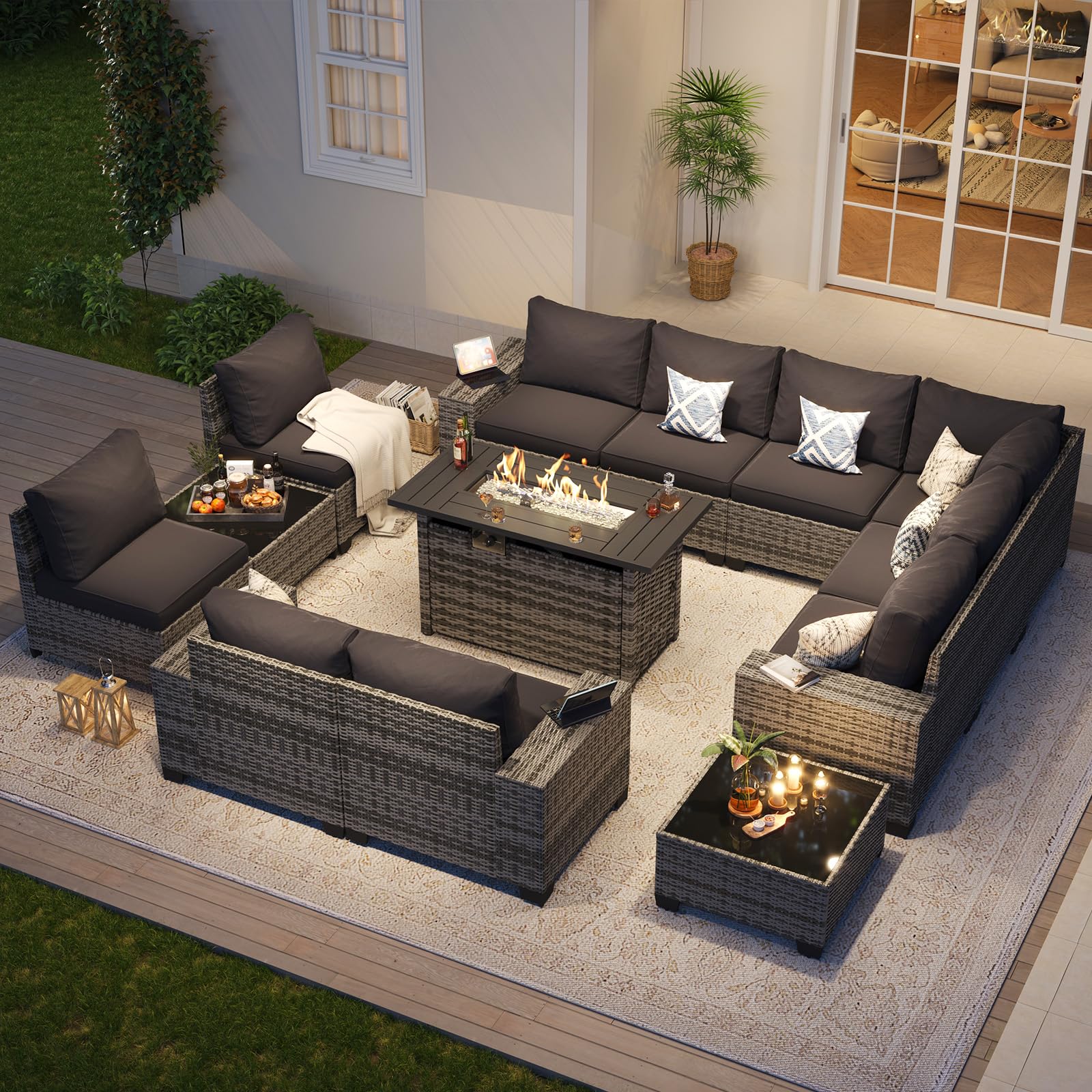 Aoxun Patio Furniture Sets with 44'' Fire Pit, 13 Pcs Outdoor Patio Coversation Set with 4in Thicken Cushion, Widen Armrests Wicker Outdoor Sectional for Backyard (Waterproof Cover Include)