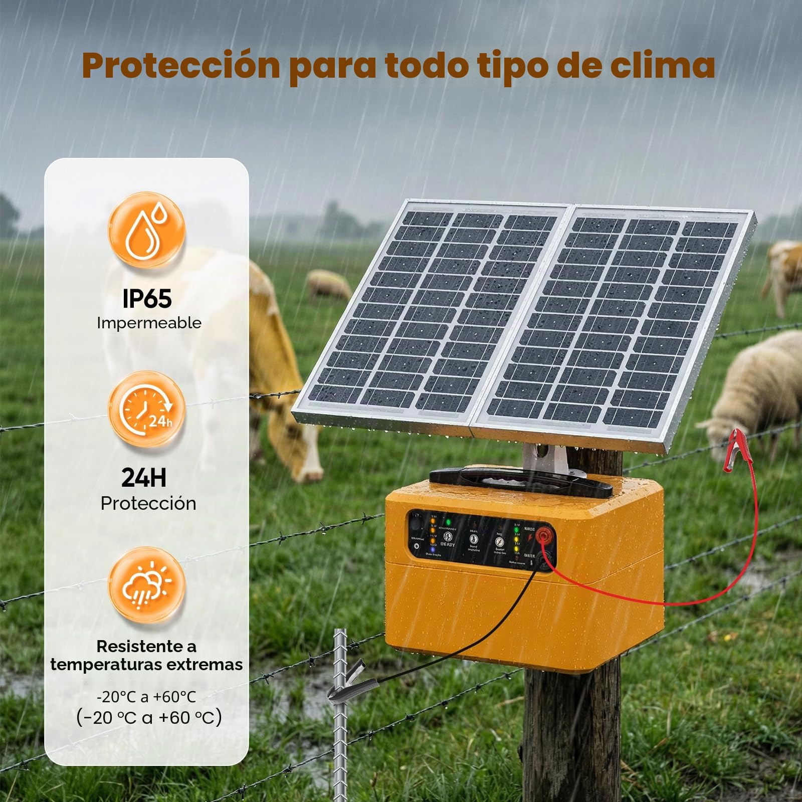 Cargador solar para cercas eléctricas de 30 km, kit de cerca eléctrica ajustable de 0,3 a 1,5 julios con panel solar de 15 W/batería de 7 Ah, con una salida de hasta 12 kV
